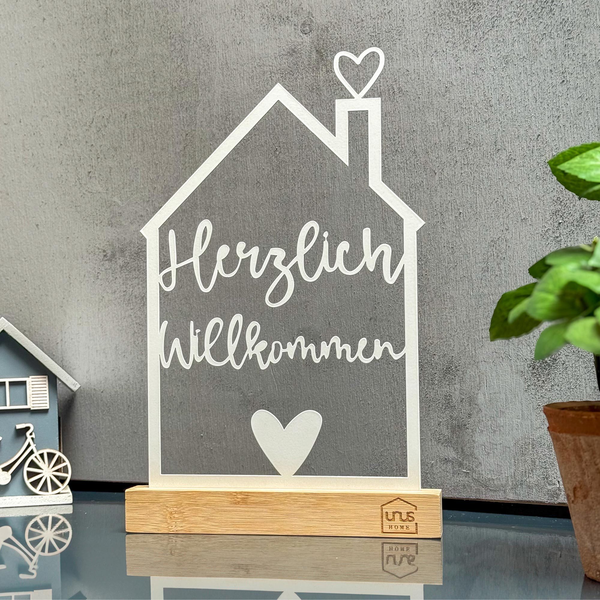 UNUS HOME Dekofigur Aufsteller "Herzlich Willkommen" (weiß), liebevolle Deko für Flur, Eingangsbereich oder Balkon