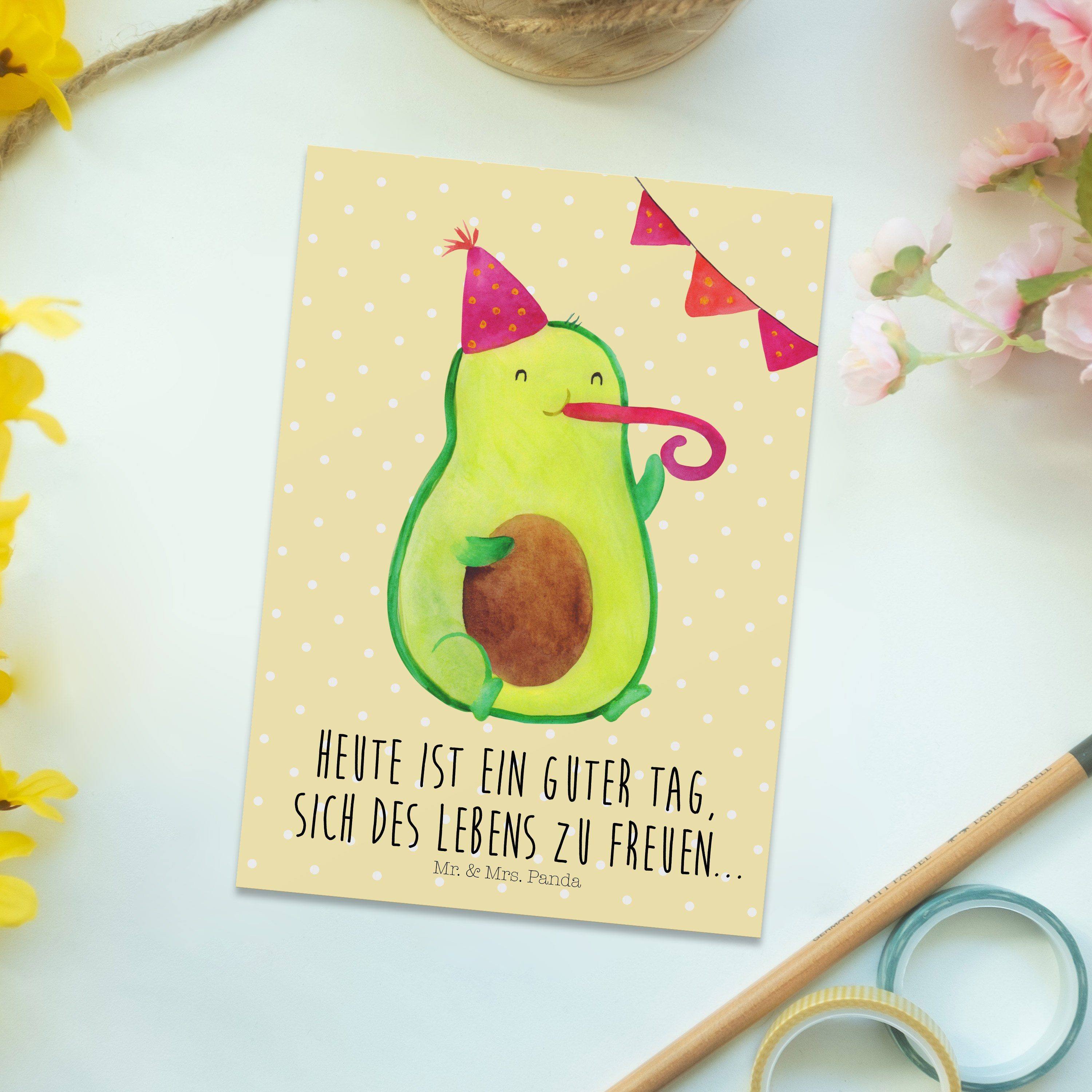 - Dankeskarte, Avocado - Mr. Pastell Postkarte Party Geschenk, Gelb & Panda Vegan, Einladun Mrs.