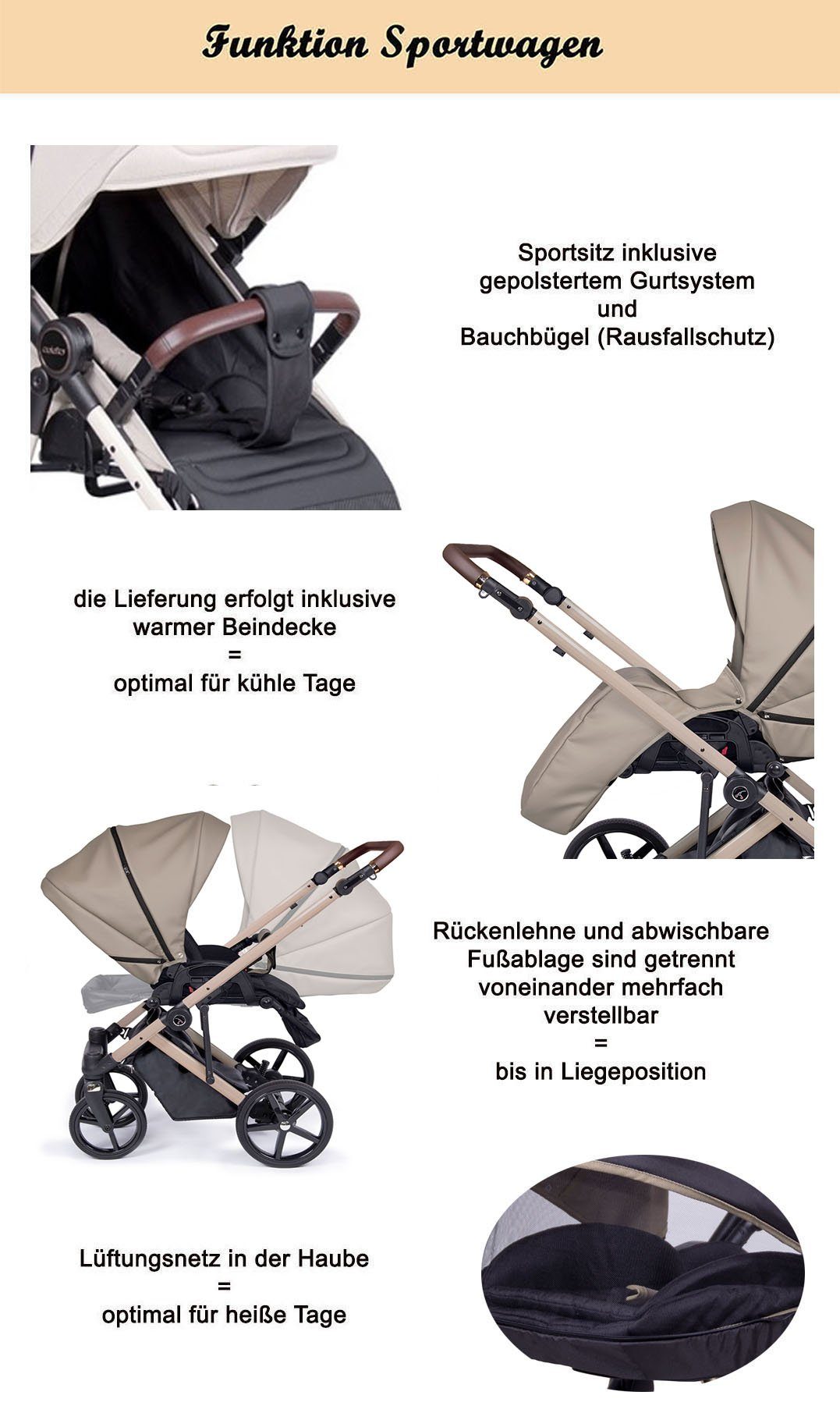 babies-on-wheels Kombi-Kinderwagen 2 in 1 - Kinderwagen-Set gold Teile = Sand Eco 14 Designs Gestell 21 in - Fado
