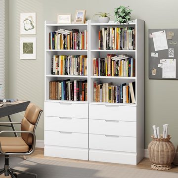MSMASK Bücherregal Bücherschrank mit 3 Fächern und 3 Schubladen, 35 x 60 x 186 cm, Mehrzweckschrank Hochschrank Küchenschrank Vitrinenschrank mit Regalen