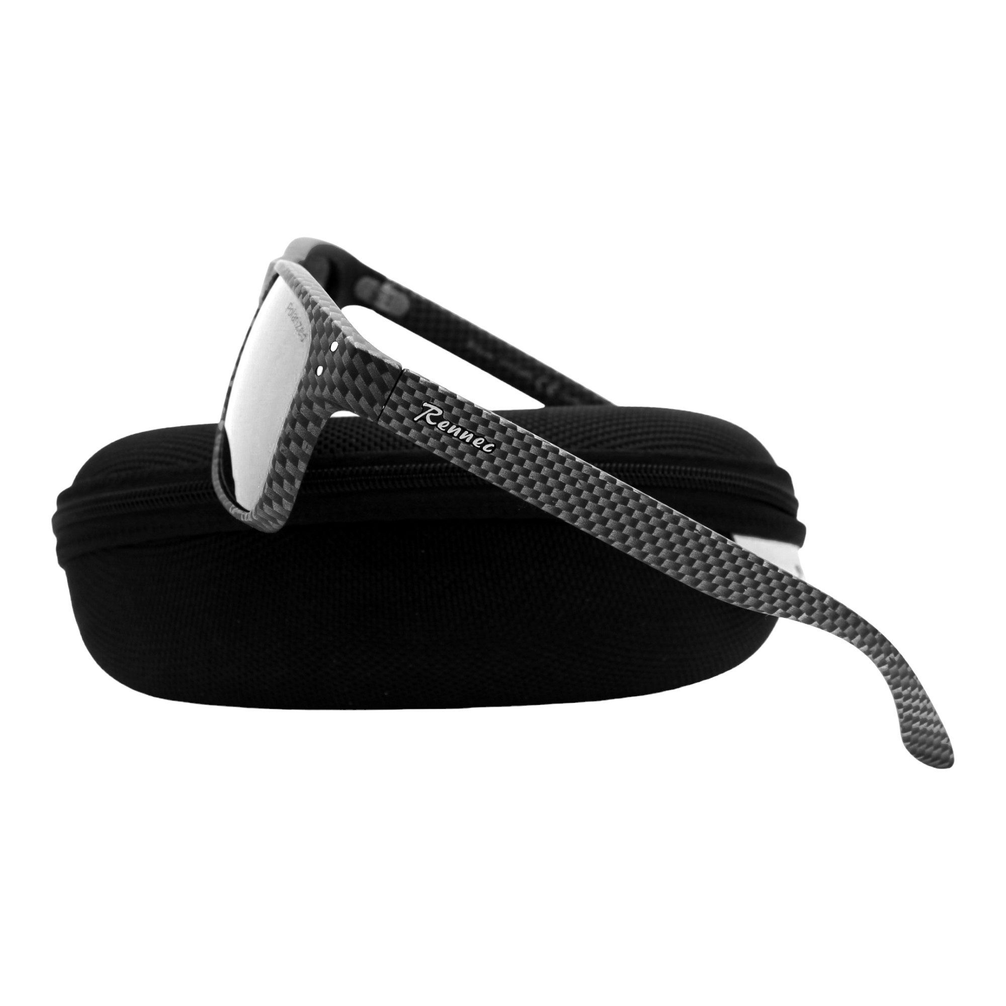 Rennec Sonnenbrille (Marken Sonnenbrille Herren Rechteckig Verspiegelt mit Hardcase) Polarisierte Gläser, Edelstahl Bügelgelenke, Carbon Optik