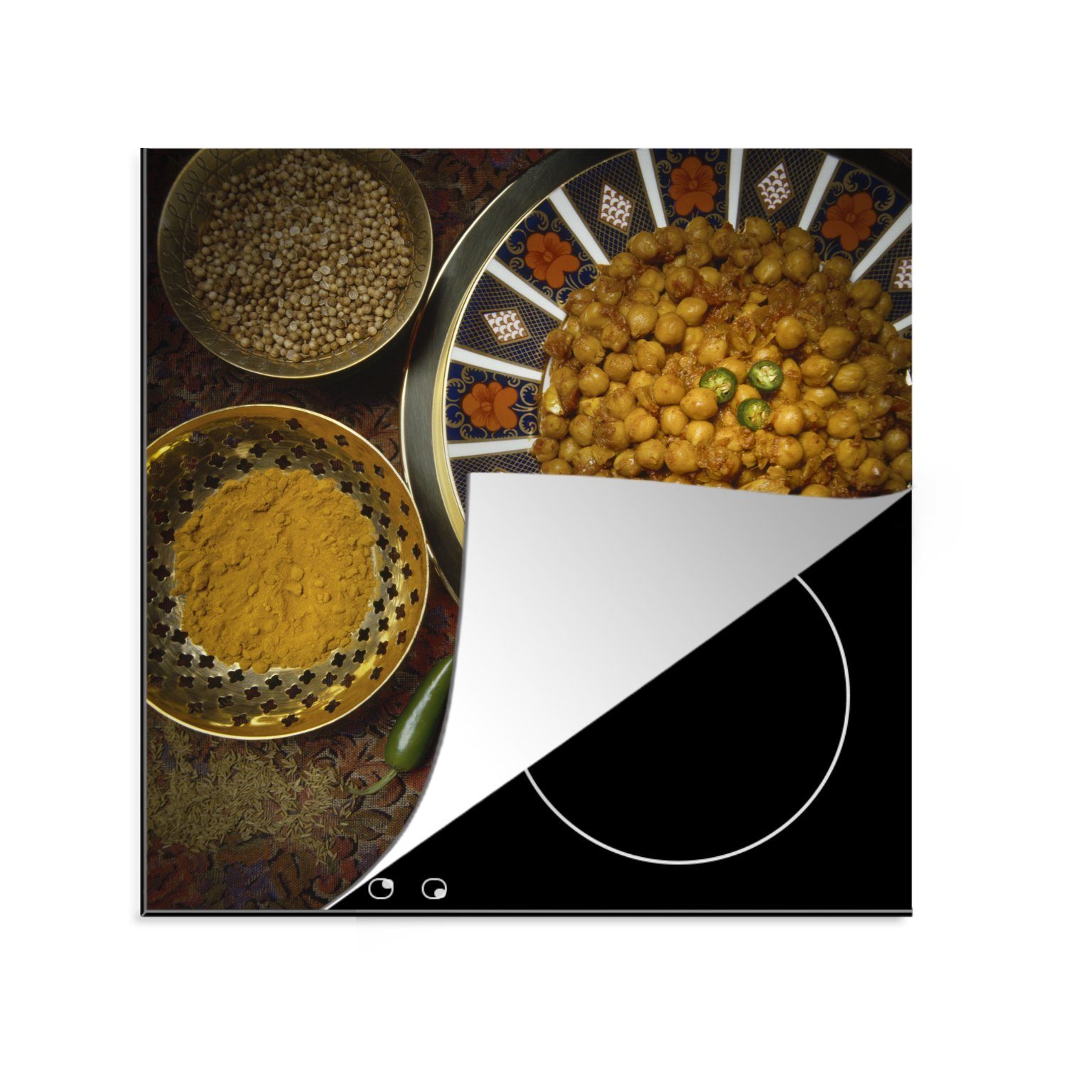 MuchoWow Herdblende-/Abdeckplatte Indische Kichererbsen mit Curry als Beilage, Vinyl, (1 tlg), 78x78 cm, Ceranfeldabdeckung, Arbeitsplatte für küche