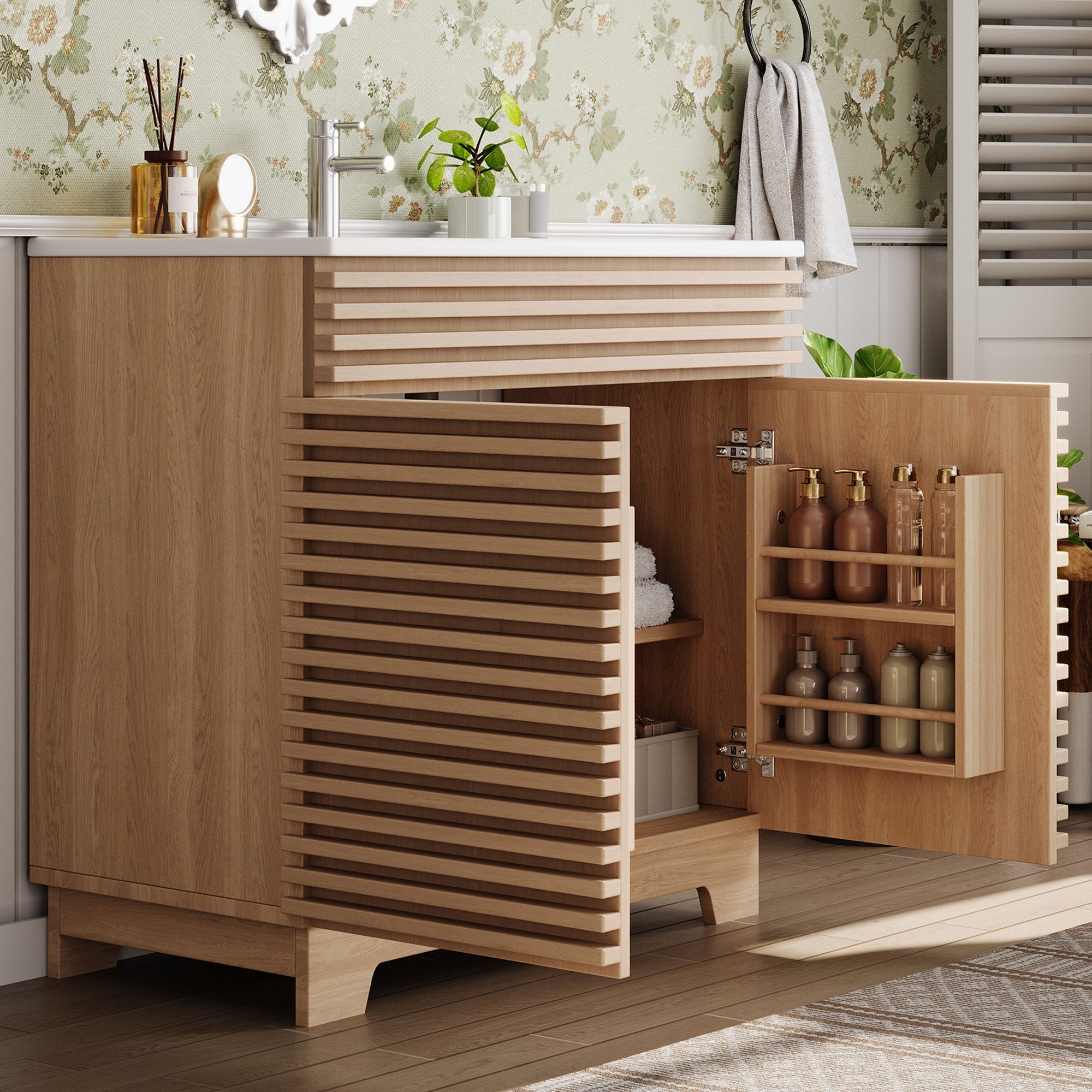 Flieks Waschtisch Waschbeckenunterschrank mit eingebauten Regalen & 3D-Horizontalstreben (91x46x80 cm, Holzoptik, 1-St., bodenstehend, Badezimmer Doppeltürschrank mit Soft-Close-Scharnieren), Badezimmerschrank mit Waschbecken, Türablagen Badmöbel Natur