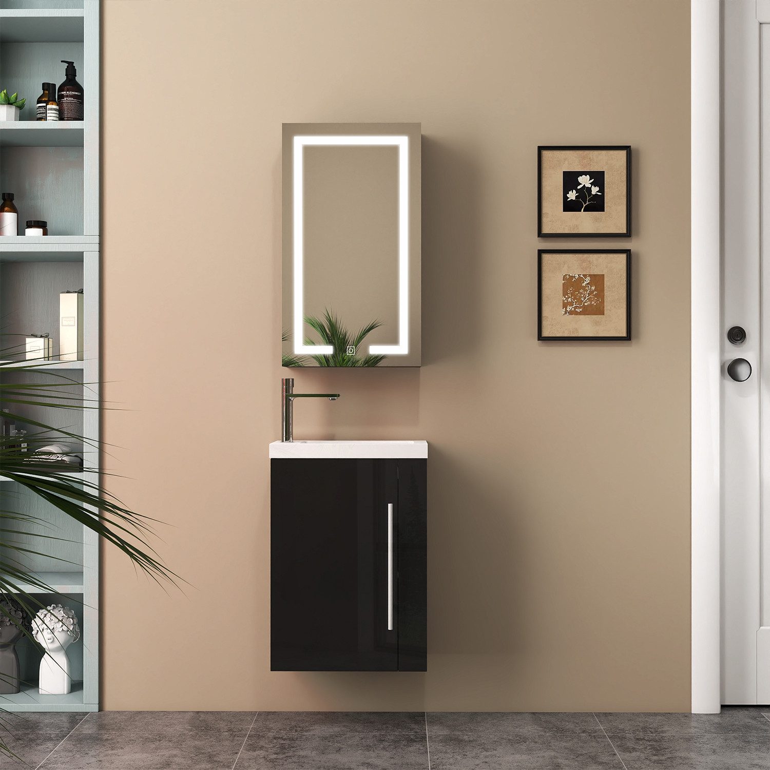 duschspa Badmöbel-Set mit waschbecken und Spiegelschrank 3 teilig Gäste WC Waschtisch, (1x Unterschrank 1x Waschbecken 1x Spiegelschrank), 45cm Hochglanz Schwarz / Matt Weiß