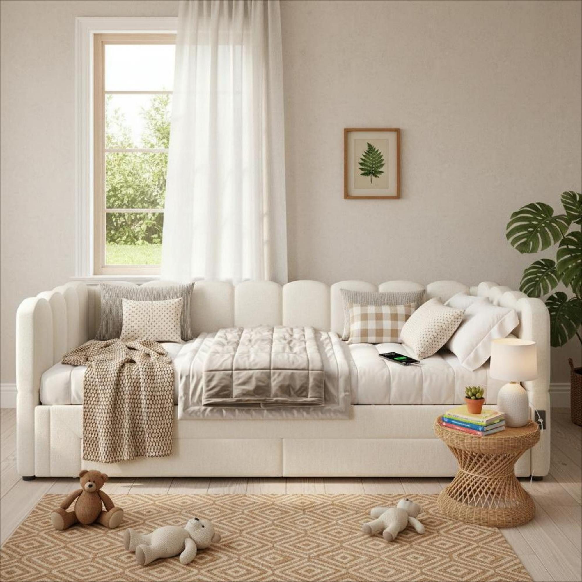 REDOM Polsterbett Elegantes Daybett mit verstecktem Stauraum & Ladefunktion (Packung, 1-tlg., ausziehbar von 90 auf 180 cm, 2 Schubladen, Chenille-Bezug), für Homeoffice, Gäste, als komfortable Lounge-Option(ohne Matratze)
