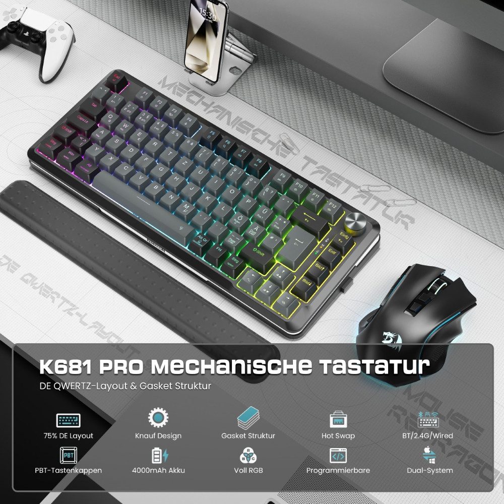 Redragon K681GB-PRO-DE DE-Version, 75 %-Tastatur mit drei Modi Gaming-Tastatur (Dichtungsbauweise, RGB, Longyin-Achse)