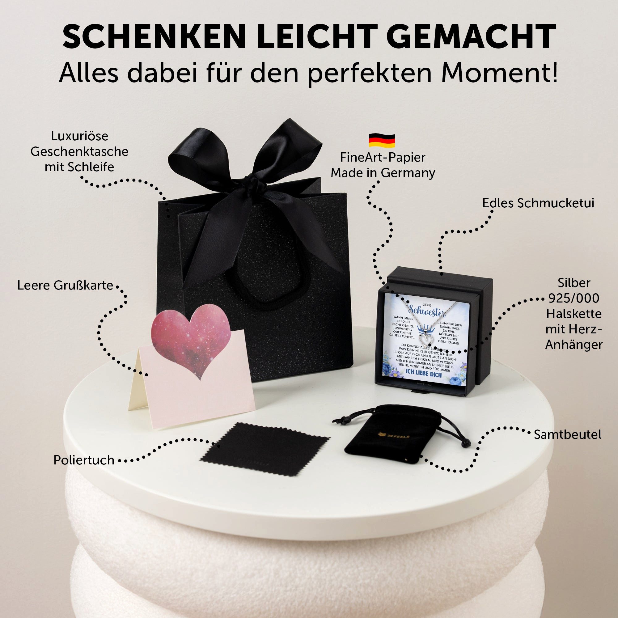 22Feels Schmuckset Liebe Schwester Geschenk Frauen Mädchen Herz Halskette Geschwister (inkl. Geschenktasche, Karte(n), Poliertuch, Beutel), Silber 925/000, Karte Made In Germany