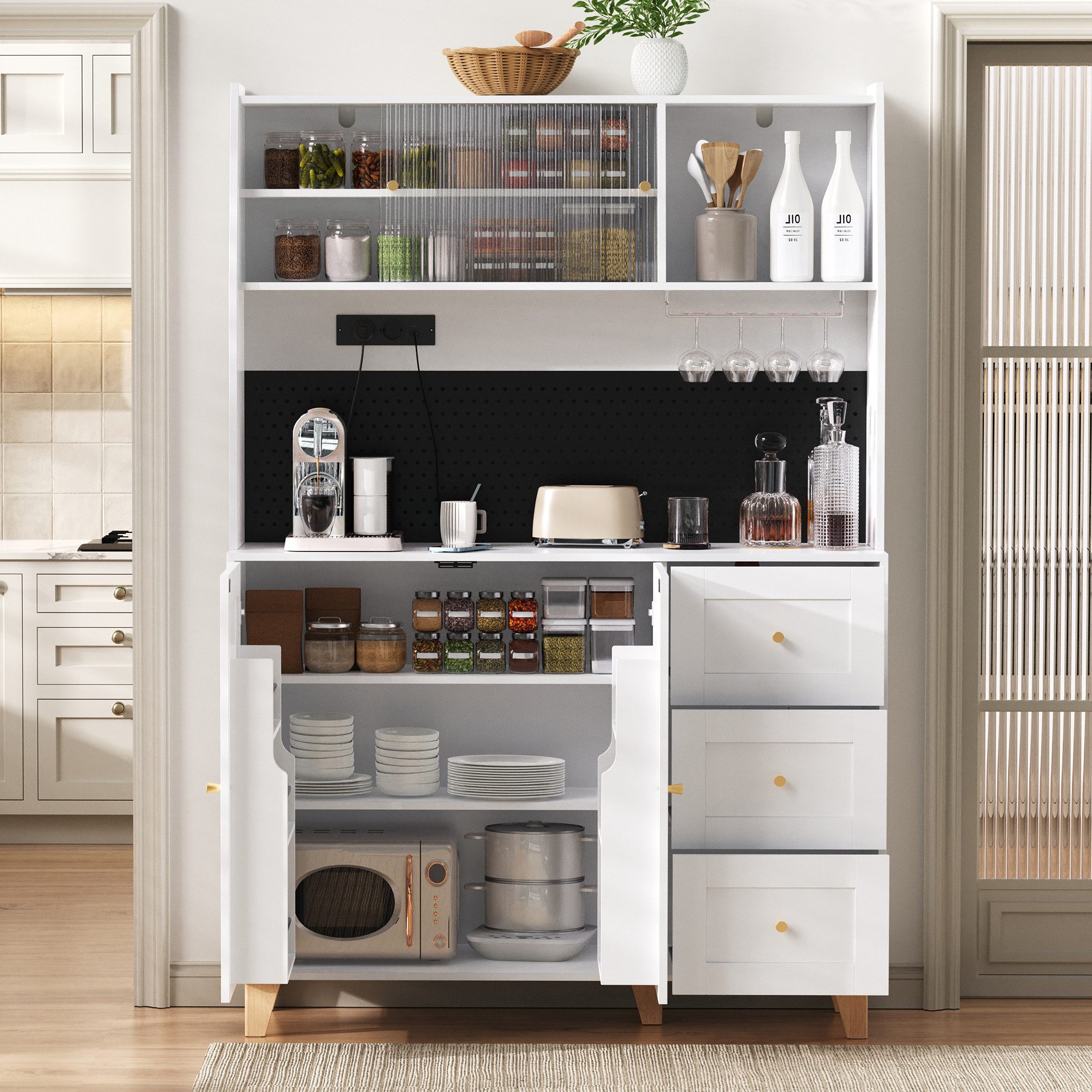 Flieks Küchenbuffet mit Steckdosen, Lochwand, Gläserhalter, Glas-Schiebetür und Schubladen (120x40x184 cm, 1-St., Mehrzweckschrank mit Arbeitsplatte, Türablagen und Massivholzbeinen) Hochschrank Küchenschrank Geschirrschrank mit verstellbarer Ablagen