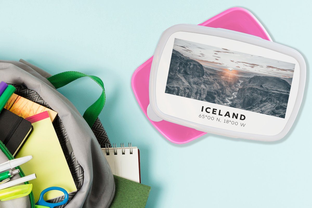 Kunststoff, (2-tlg), Island Brotbox rosa für MuchoWow Kunststoff Snackbox, Lunchbox Brotdose Mädchen, Fluss - Erwachsene, Berge, - Kinder,