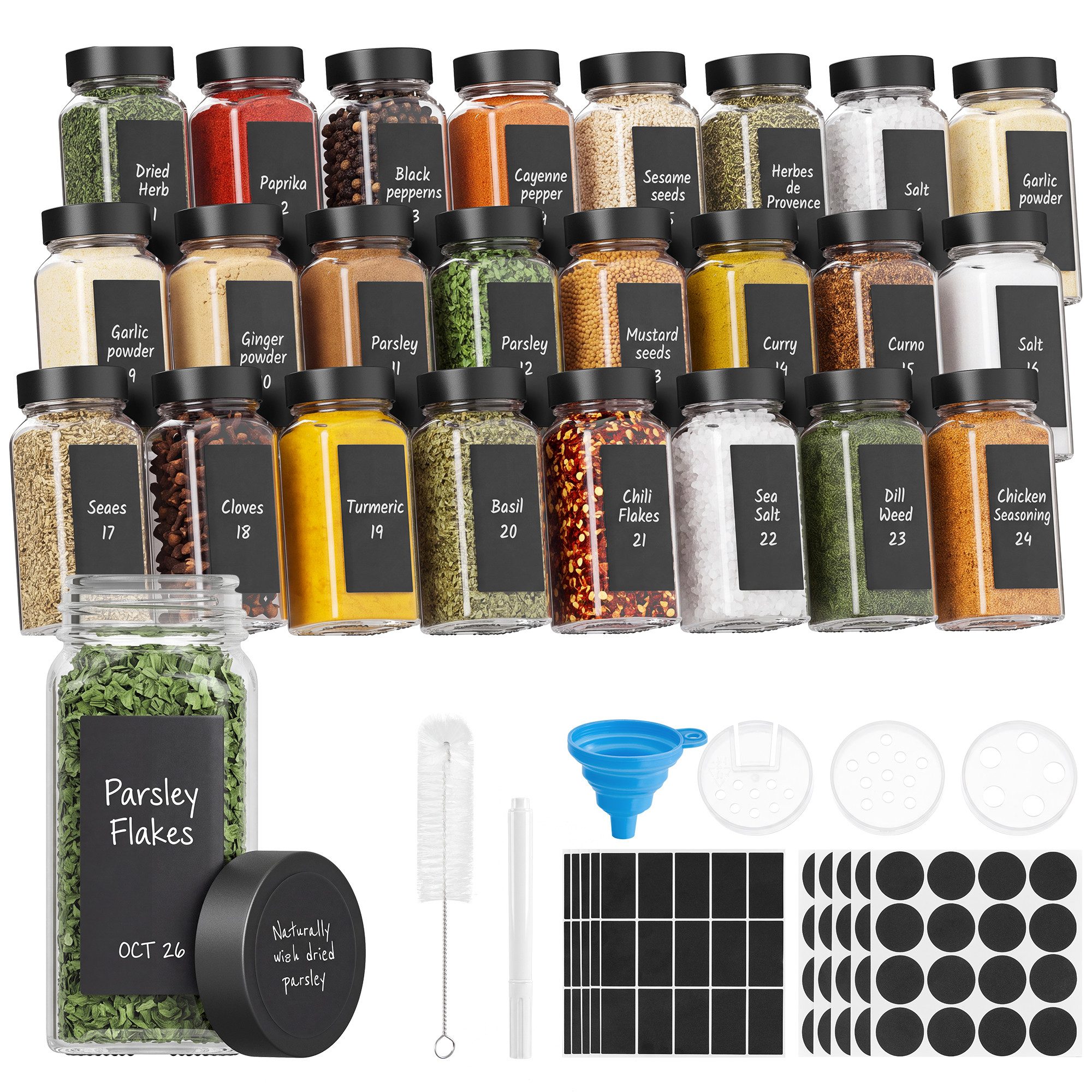 SONGMICS Gewürzbehälter Eckige Gewürzdosen aus Glas, Luftdicht mit Etiketten, Glas, PP-Kunststoff, (24-tlg), 24er Set, 120 ml, 4,5 x 4,5 x 10,5 cm, Naturbeige