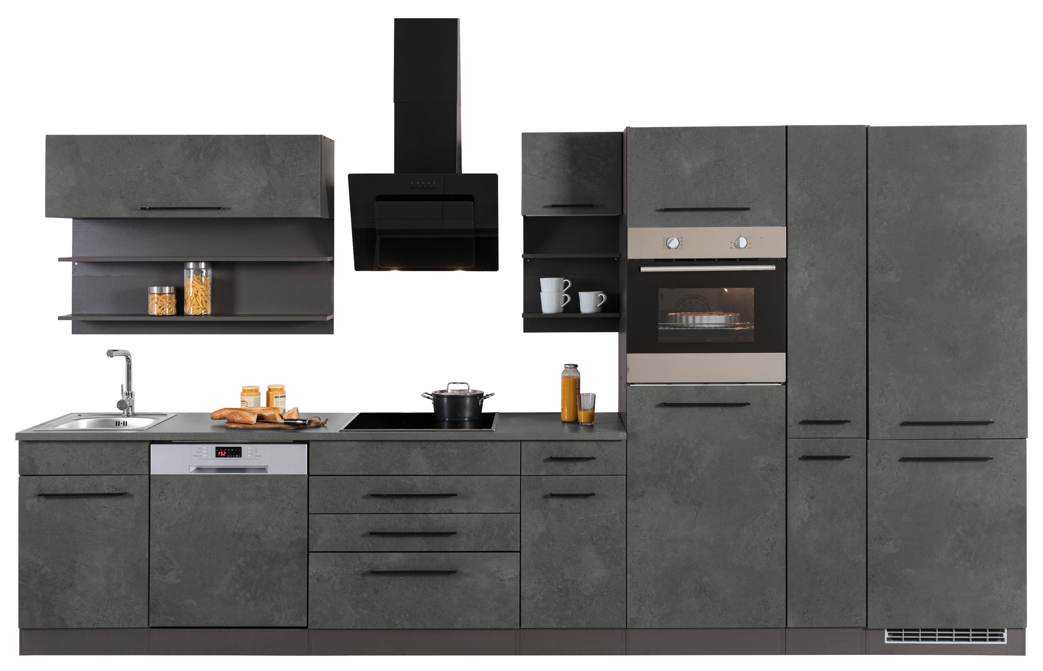 KOCHSTATION Küchenzeile KS-Tulsa, mit E-Geräten, Breite 380 cm, schwarze Metallgriffe, MDF Fronten