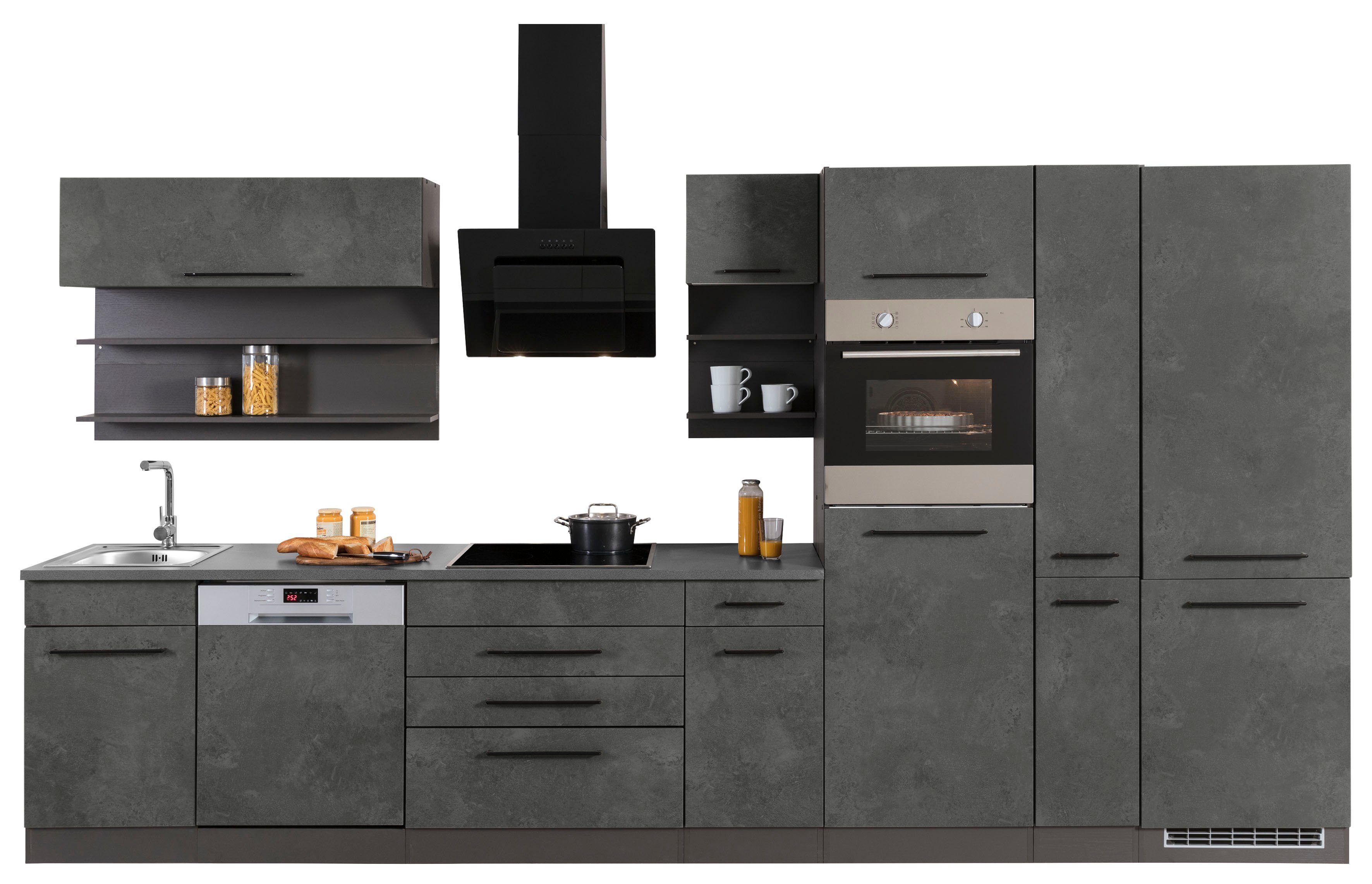 HELD MÖBEL Küchenzeile Tulsa, mit E-Geräten, Breite 380 cm, schwarze Metallgriffe, MDF Fronten