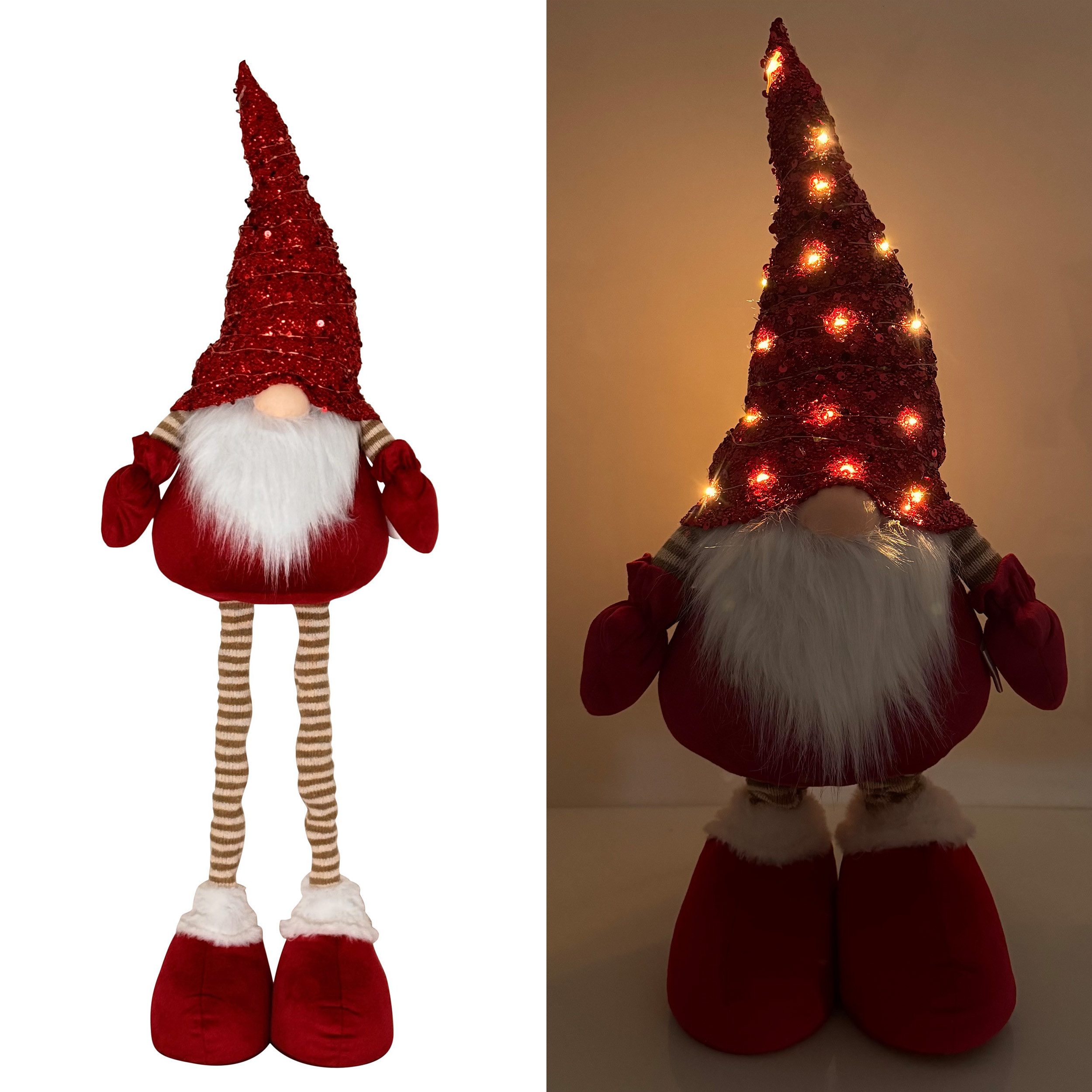 Online-Fuchs Weihnachtsfigur süßer Wichtel mit Zipfelmütze, Teleskopbeinen und LED-Beleuchtung (Deko zu Weihnachten, Dauerleuchten oder Funkeleffekt wählbar), inkl. praktischer 6-Stunden Timerfunktion