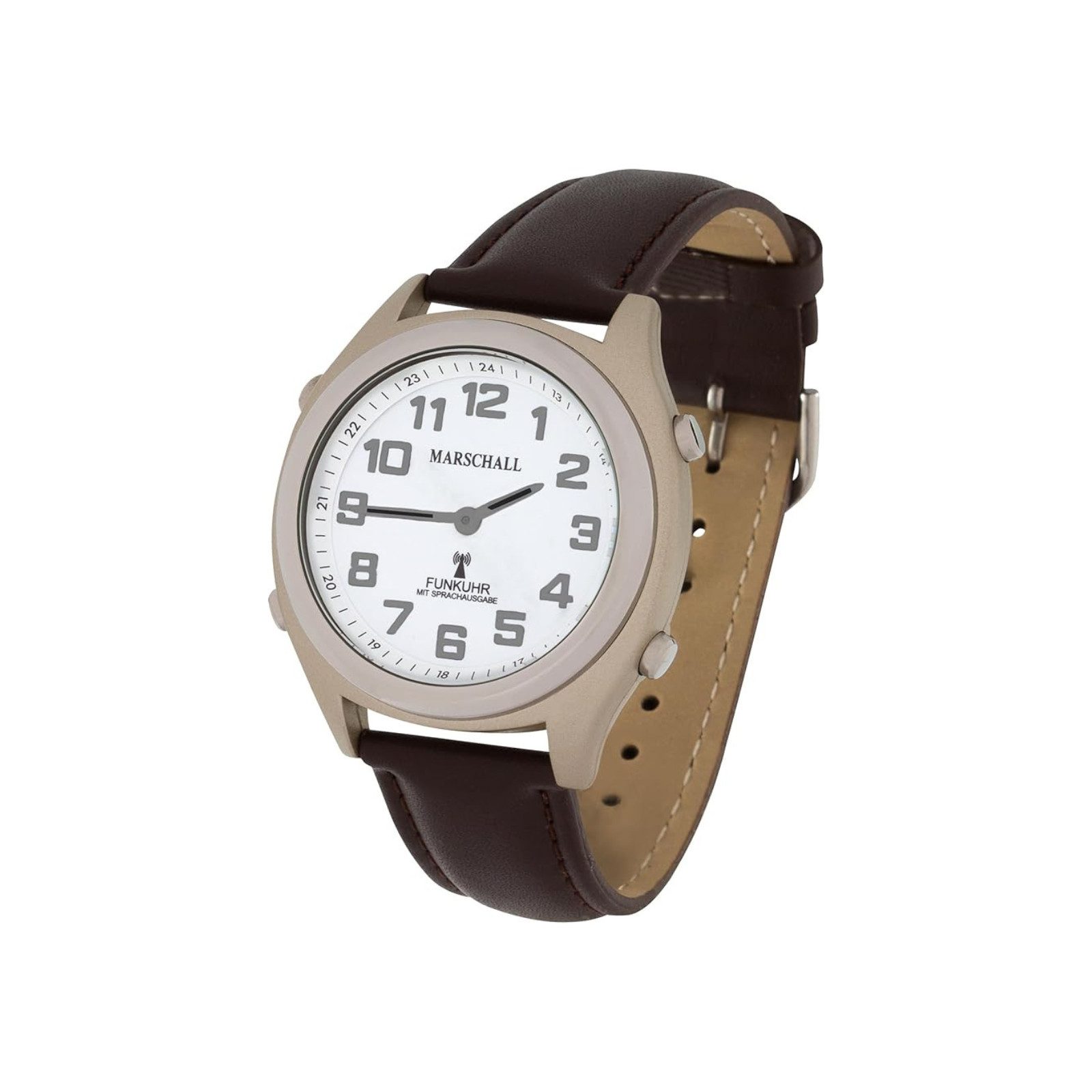 Marschall Versand Mechanische Uhr Sprechende Funkarmbanduhr weiß Damen Herren Sprachausgabe Lederarmband