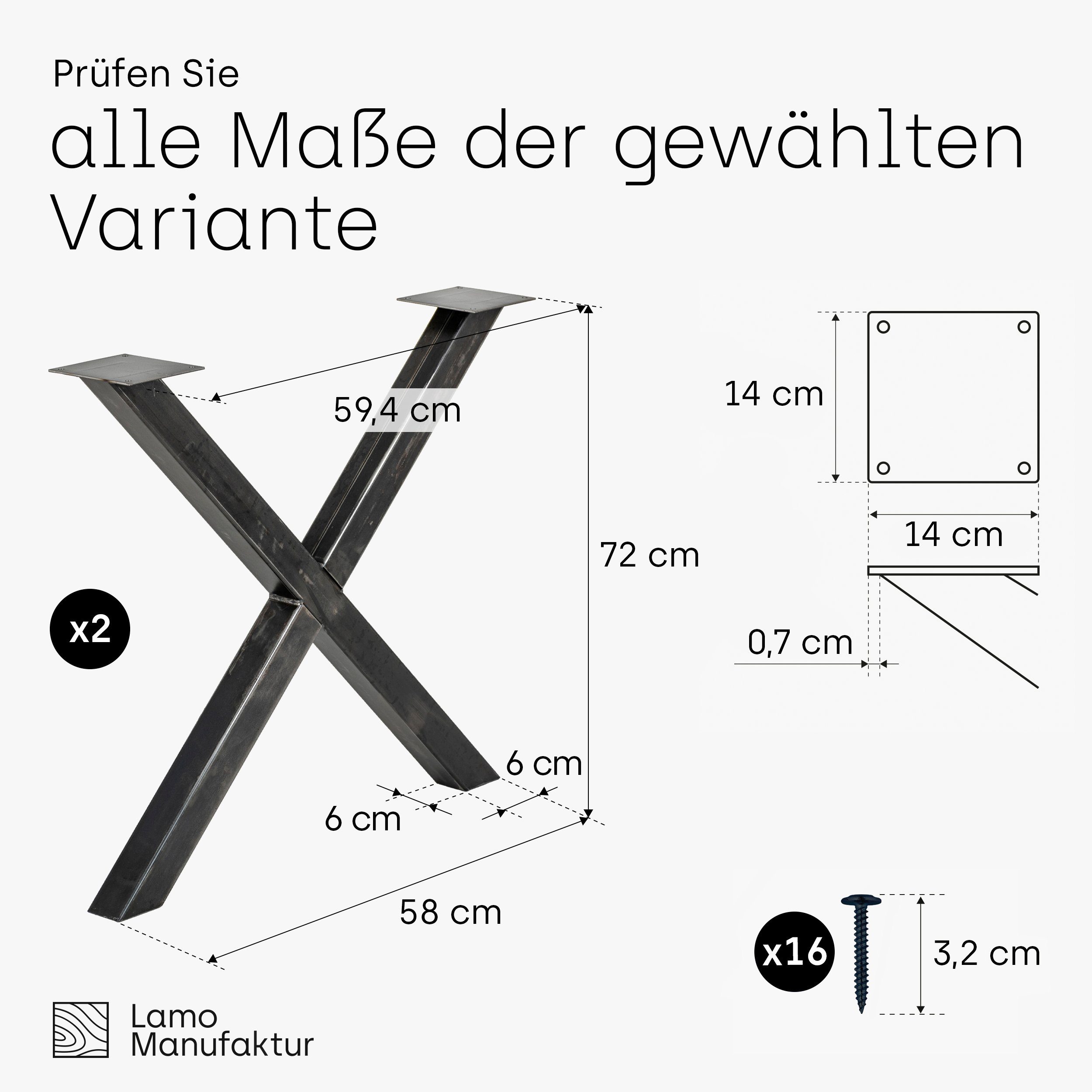 (SET, Rohstahl Tischkufen), Tischgestell pulverbeschichtet Industriestahl Manufaktur Klarlack X-Form Tischbeine LAMO mit 2er-Set Light Mark