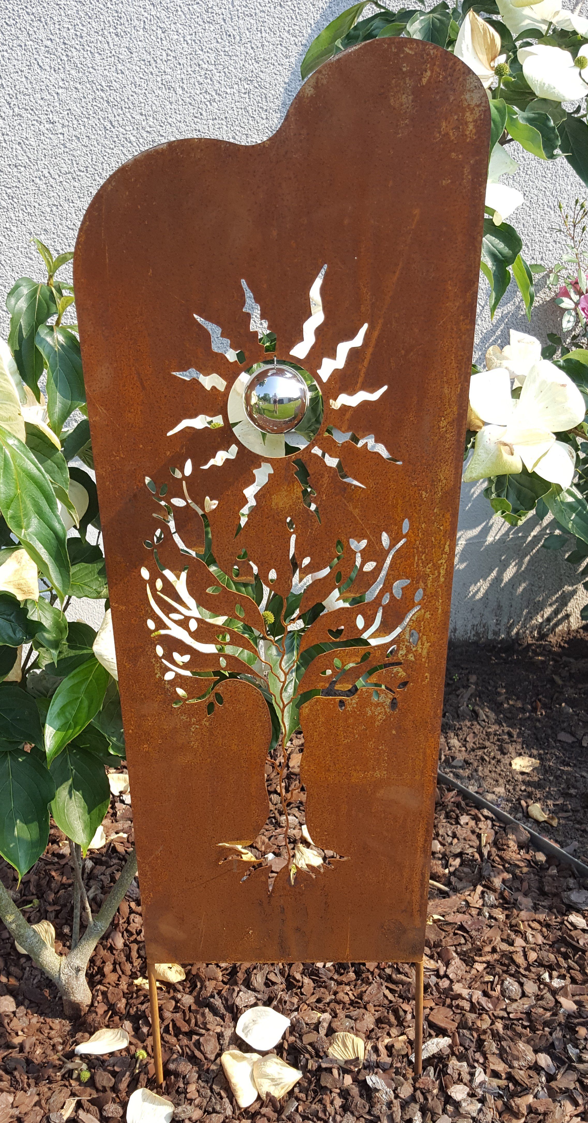 Jürgen Bocker Garten-Ambiente Gartenstecker Beetstecker Skulptur Baum eckig Corten Kugel Edelstahl Dekoration Gartenstecker