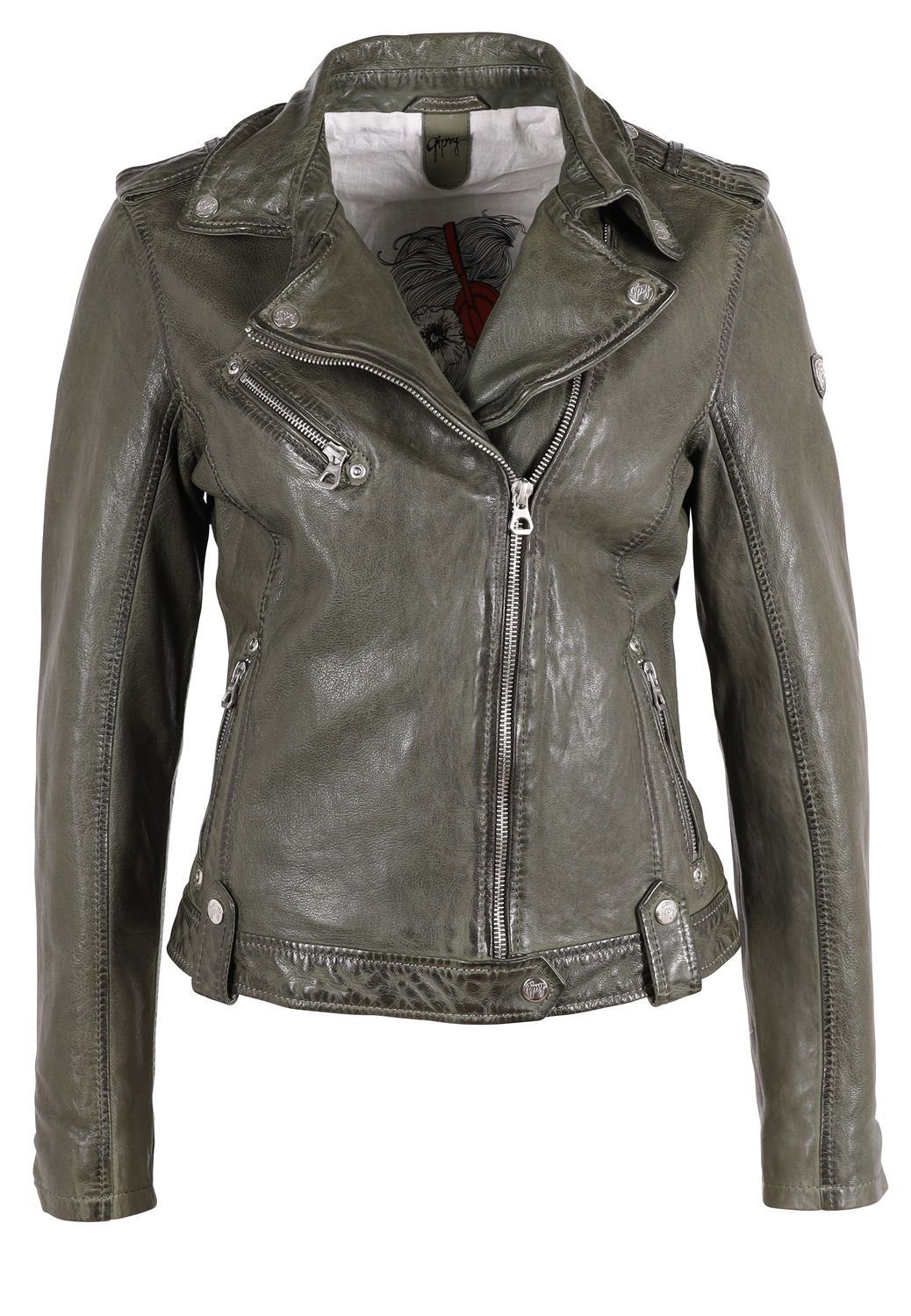 Gipsy Lederjacke Famos Bikerjacke mit asymmetrischem Zipper aus Lammnappa Leder forest green