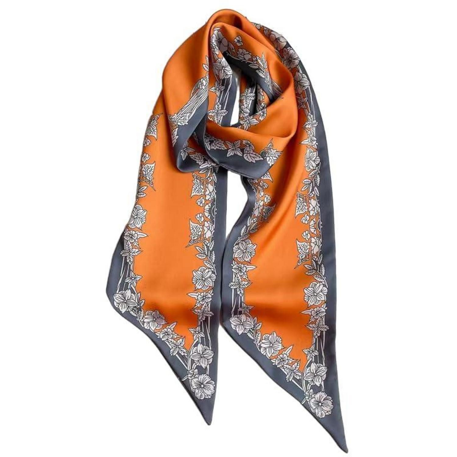 LuxusKollektion Seidenschal Seidenschal 148x13,5cm Dunkelgrau-Orange-Weiss Blumenmuster, (1-St)