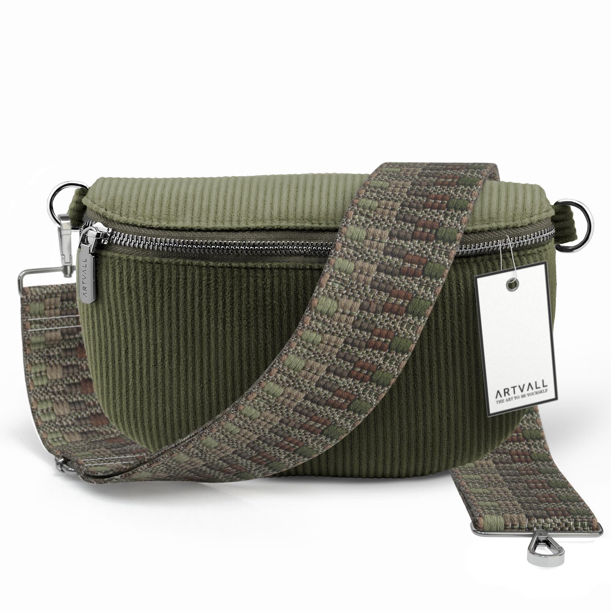 ARTVALL Umhängetasche Cord Handtasche Brusttasche Crossbody Bag Olivgrün (Tasche inkl. Taschenband), Cord Bauchtasche Cordtasche Stoff weich abnehmbarer Taschengurt Klein