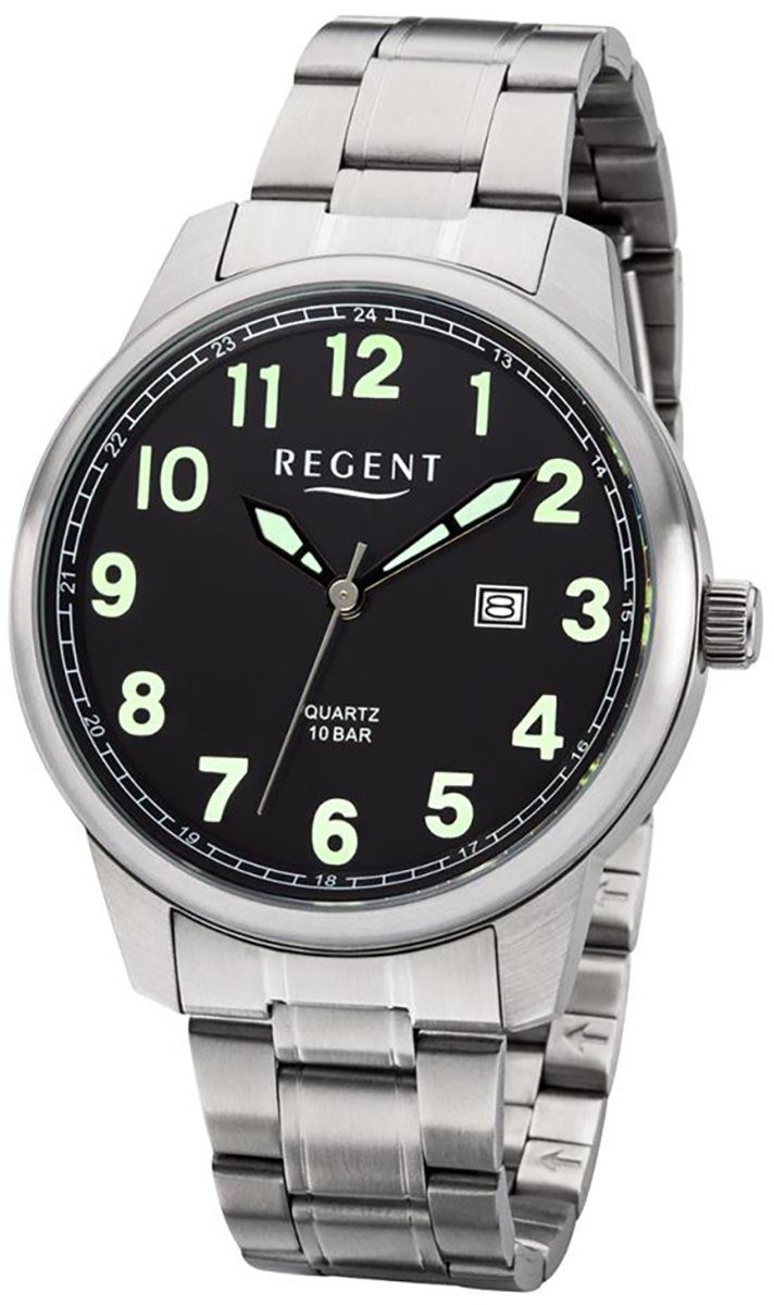 Regent Quarzuhr Regent Herren Uhr F-1189 Metall Quarz, Herren Armbanduhr rund, groß (ca. 41mm), Metallarmband
