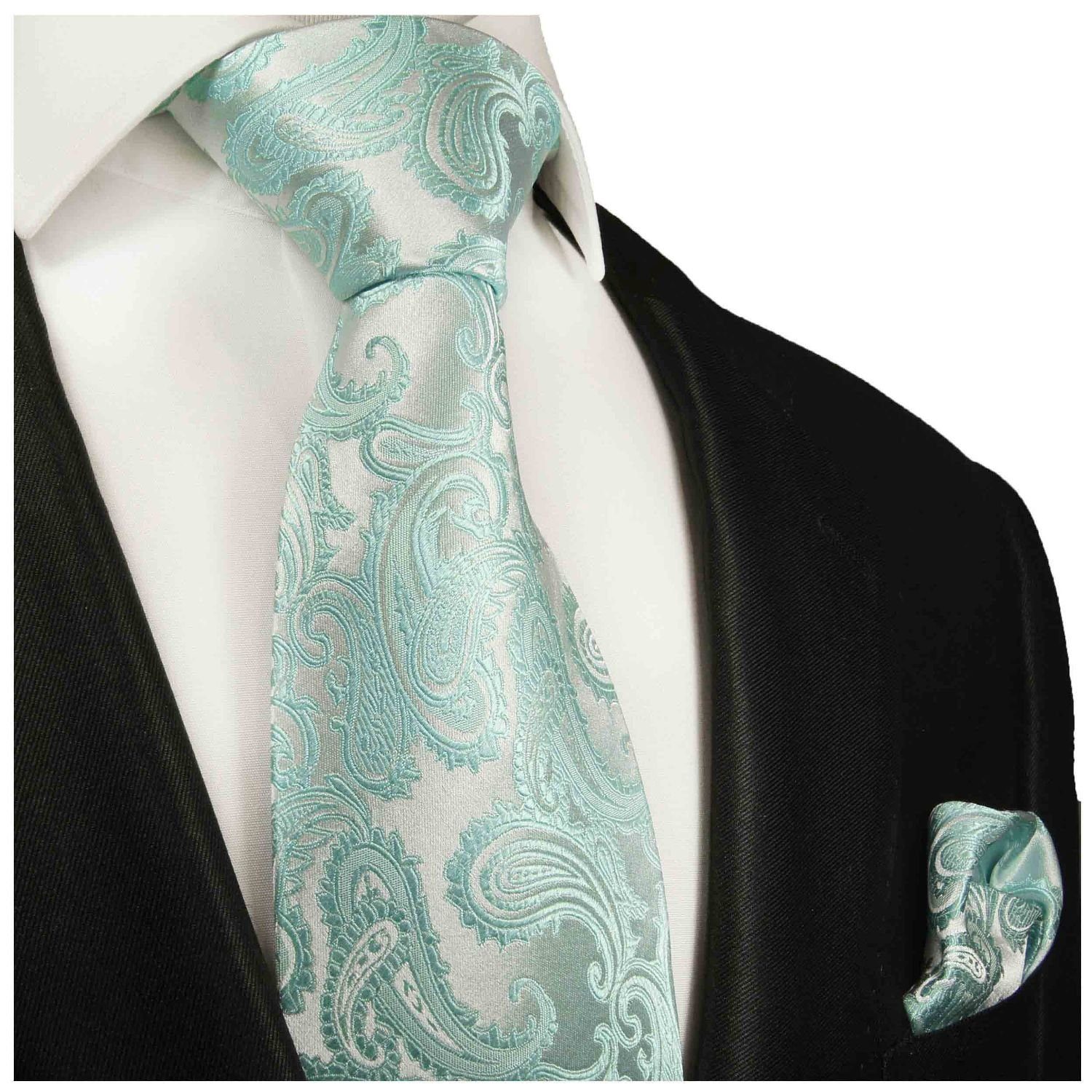 Krawatte Krawatte Malone Breit türkis Tuch Seide (8cm), 100% 989 und Paul 2-St., paisley Hochzeit brokat Seidenkrawatte mit Einstecktuch) (Set, hell