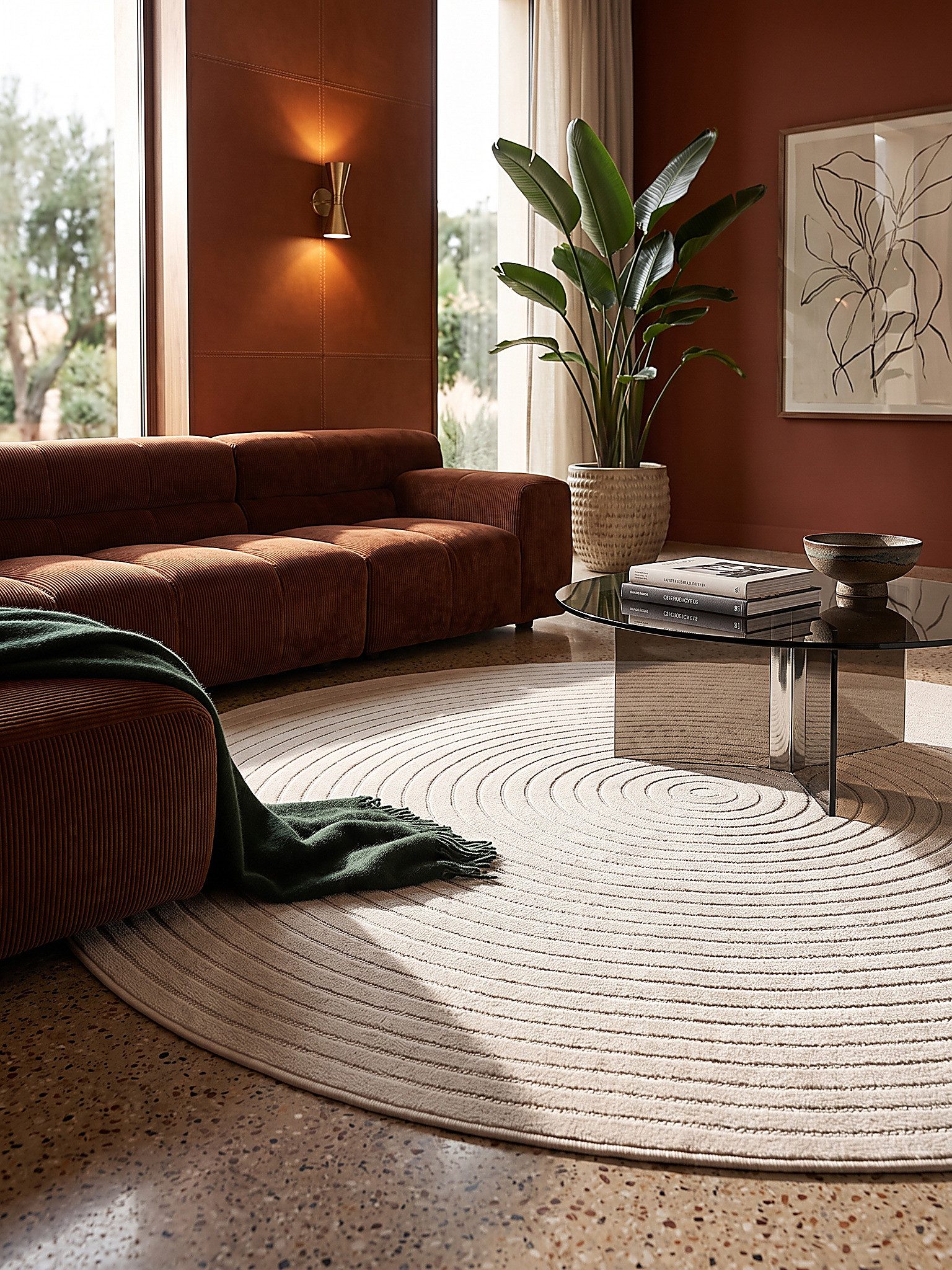 KADIMA DESIGN Teppich MEZEN Rundteppich Creme 120x120 Abstrakt Polypropylen, Rund, Höhe: 5 mm, Schnelltrocknend, UV-Beständig, Wetterfest, Pflegeleicht
