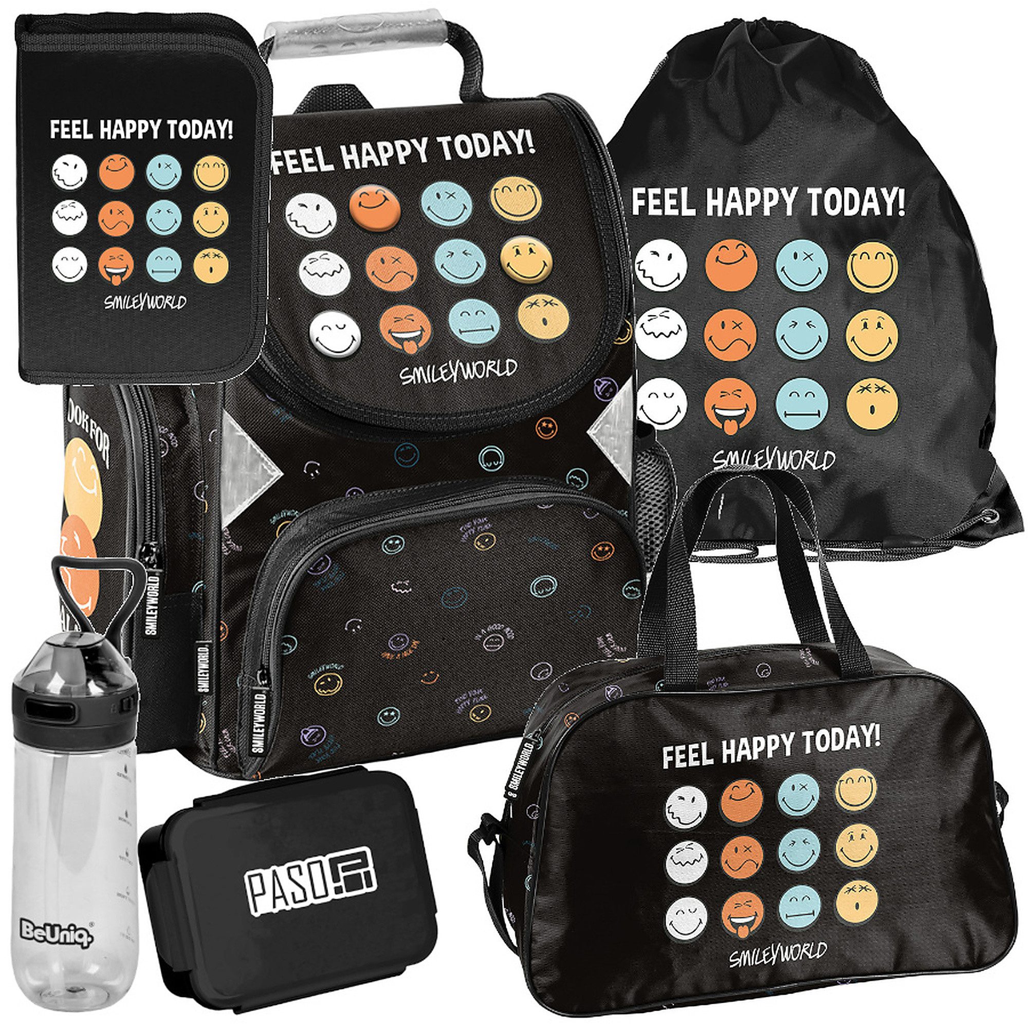 PASO Schulrucksack Mega-Set Smiley World Schulset 6-tlg. (Schulranzen + Turnbeutel + Federmäppchen + Lunchbox + Trinkflasche + Sporttasche, 6-tlg)