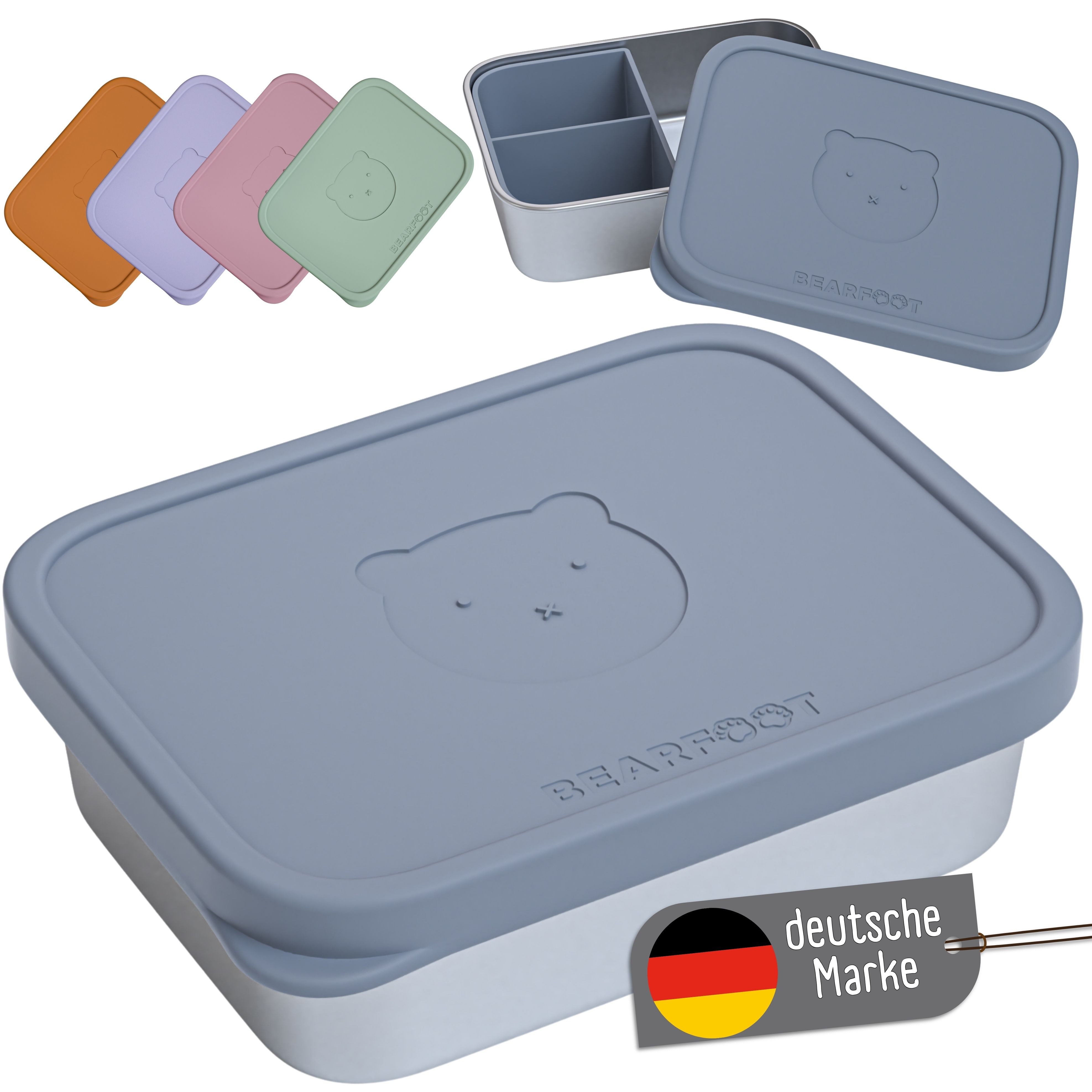 BEARFOOT Lunchbox Brotdose Kinder Edelstahl mit Silikoneinsatz - Blau, Kindergarten und Schule - Mädchen und Jungen, Vesperbox, Snackbox