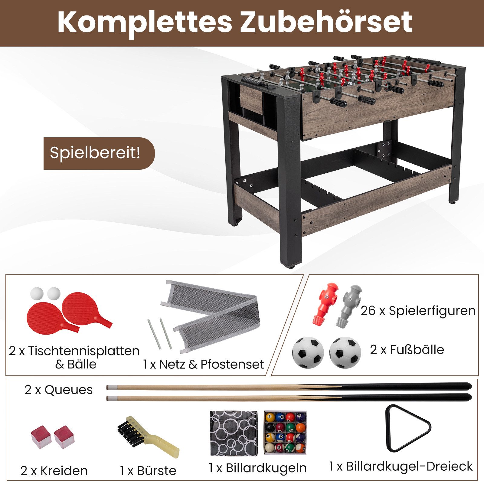 COSTWAY Kickertisch, 3-in-1 drehbarer Billardtisch, 49-Zoll Tischtennis