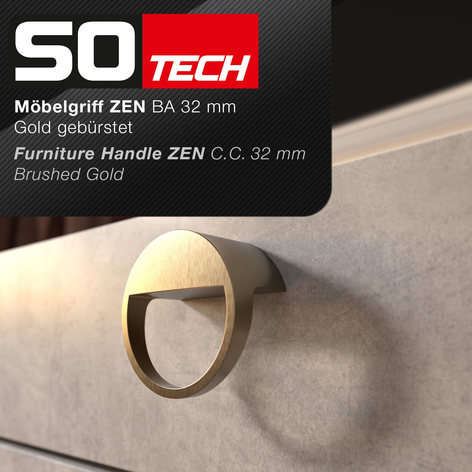 SO-TECH® Möbelgriff ZEN BA 32 mm Möbelknopf Ø 59 mm, Tiefe 29 mm (1-St), Knopfgriff Gold matt gebürstet