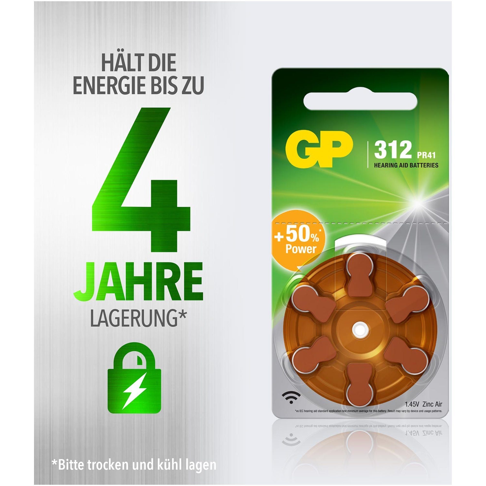 GP Batteries ZA312 1,4V Zink-Luft Batterie, (1,4 V) 6 Hörgerätebatterie GP Stück
