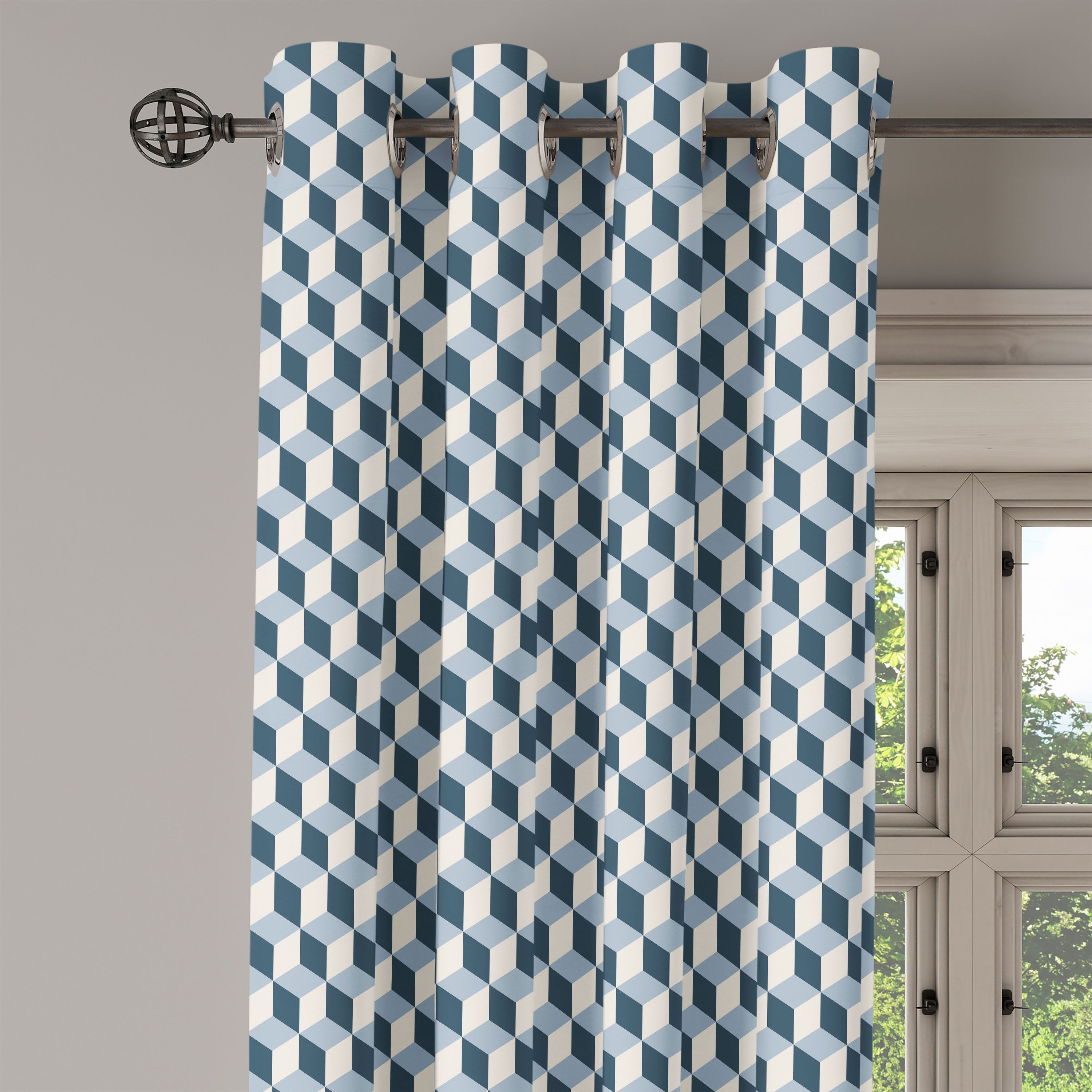 Gardine Dekorative 2-Panel-Fenstervorhänge für Schlafzimmer Retro Abakuhaus, 3D Würfel Wohnzimmer, Quadrate Style