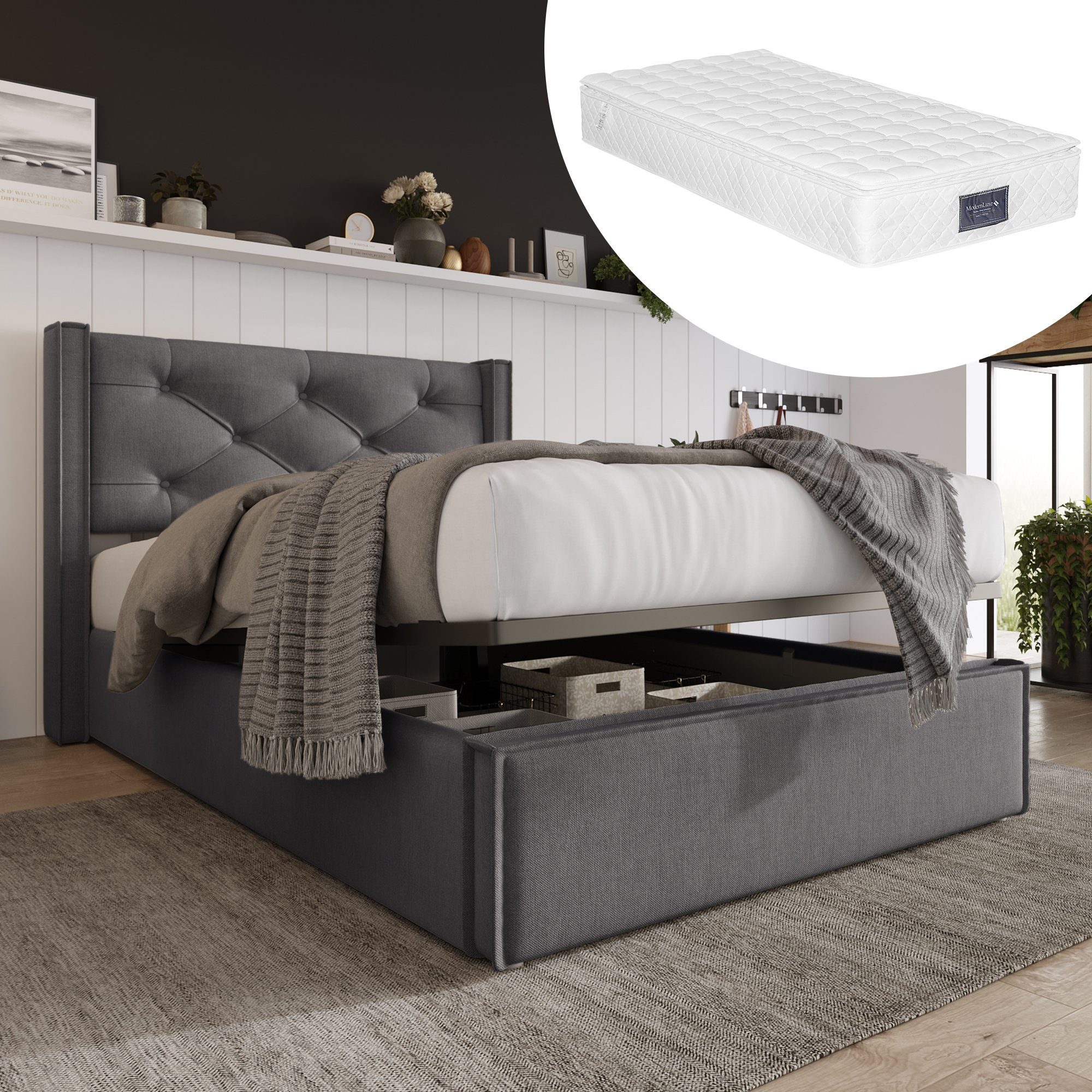 Boxspringbett (Polsterbett Einzelbett 90x200 cm mit edler Knopfheftung und Matratze), Hydraulisches Funktionsbett mit Bettkasten und Lattenrost, Baumwolle
