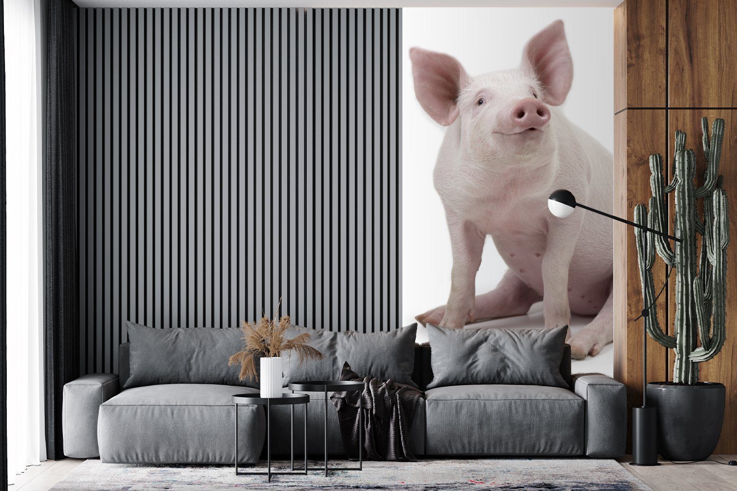 MuchoWow Fototapete Weiß, bedruckt, Schlafzimmer Fototapete (2 Vliestapete Wohnzimmer - - Küche, Matt, für St), Schwein Bauernhoftiere