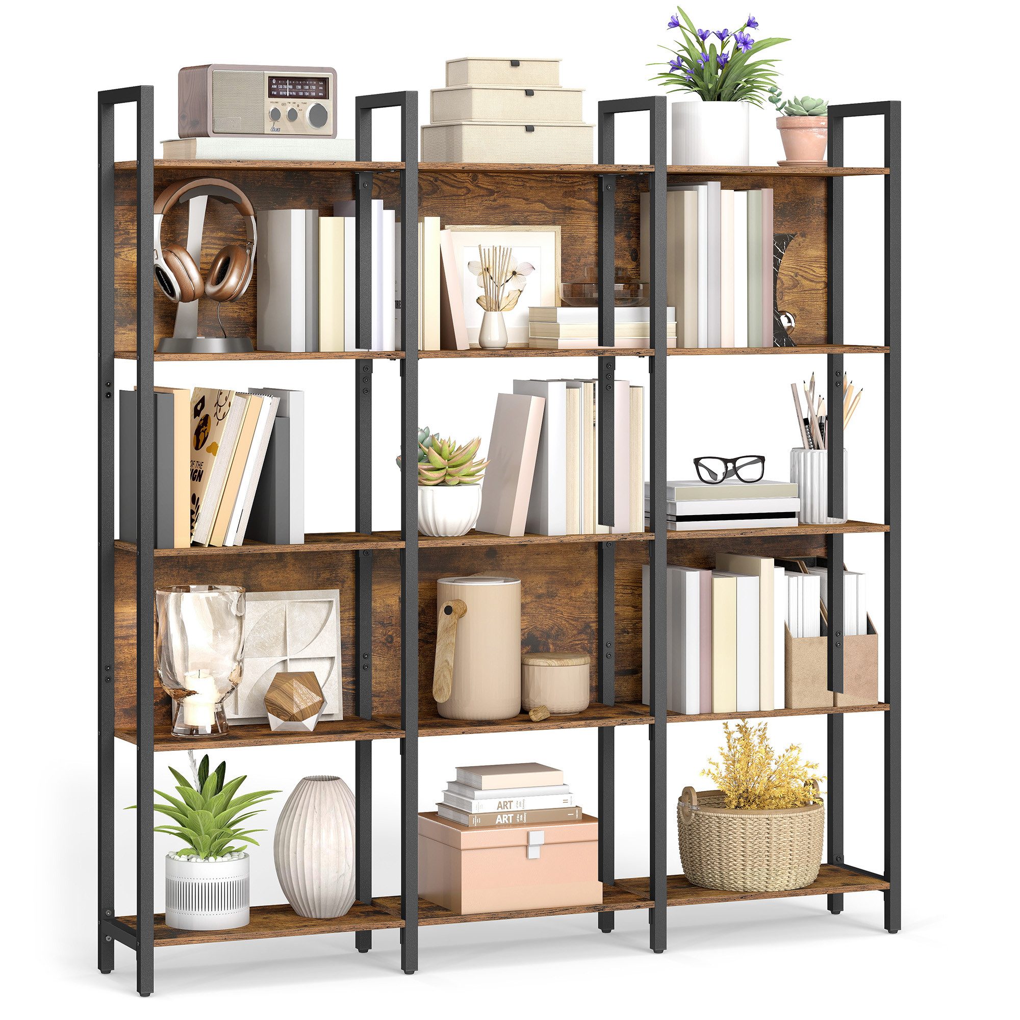 VASAGLE Bücherregal Küchenregal, Standregal, Flur, Küche, Büro, stabiles Stahlgestell, mit 5 offenen Regalebenen, Industrie-Design, 128 x 154.1 x 24 cm