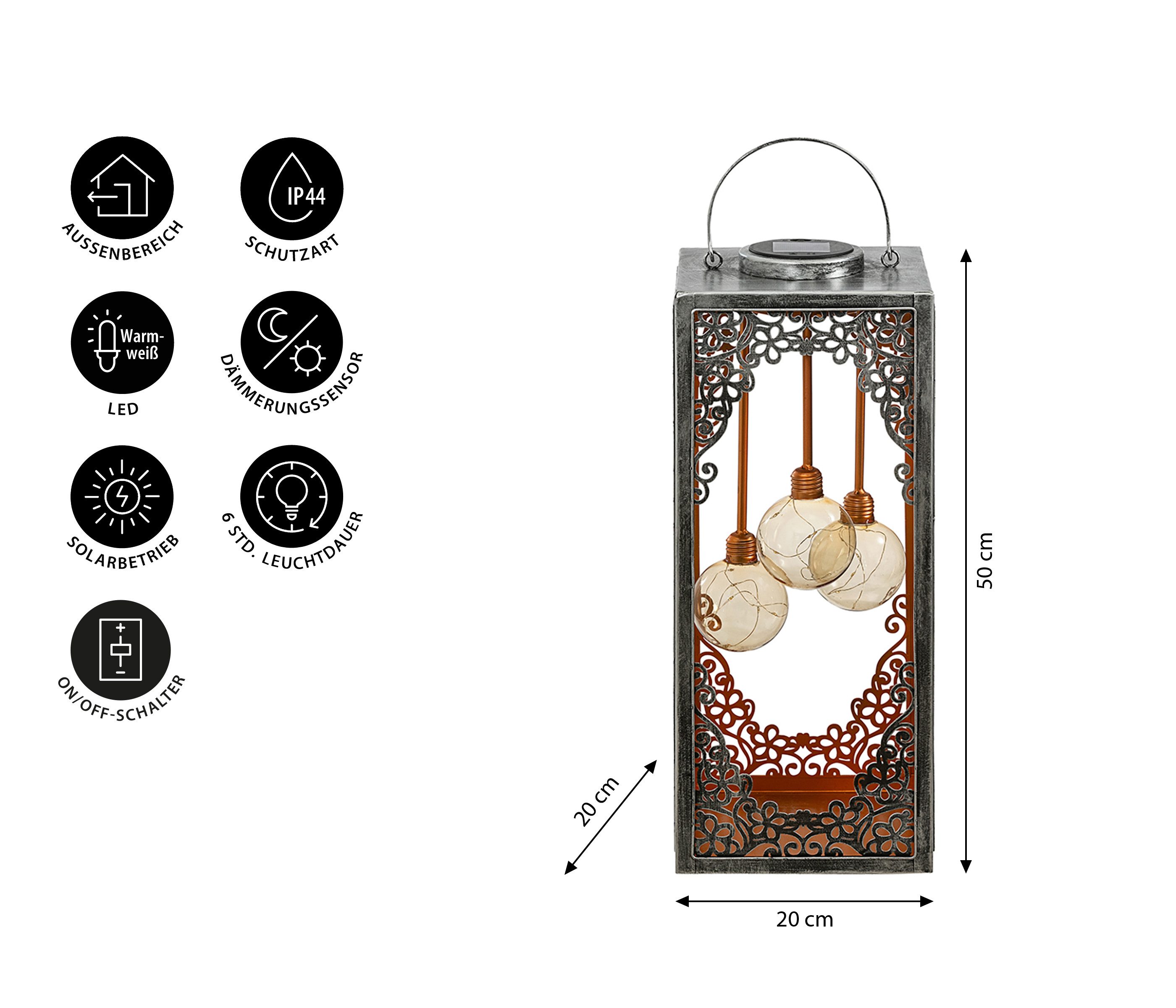 Dehner LED Solarleuchte Solar-Laterne Marsa, Lichtfarbe warmweiß, Metall, Warmweiß, romantische LED-Laterne mit orientalischen Ornamenten