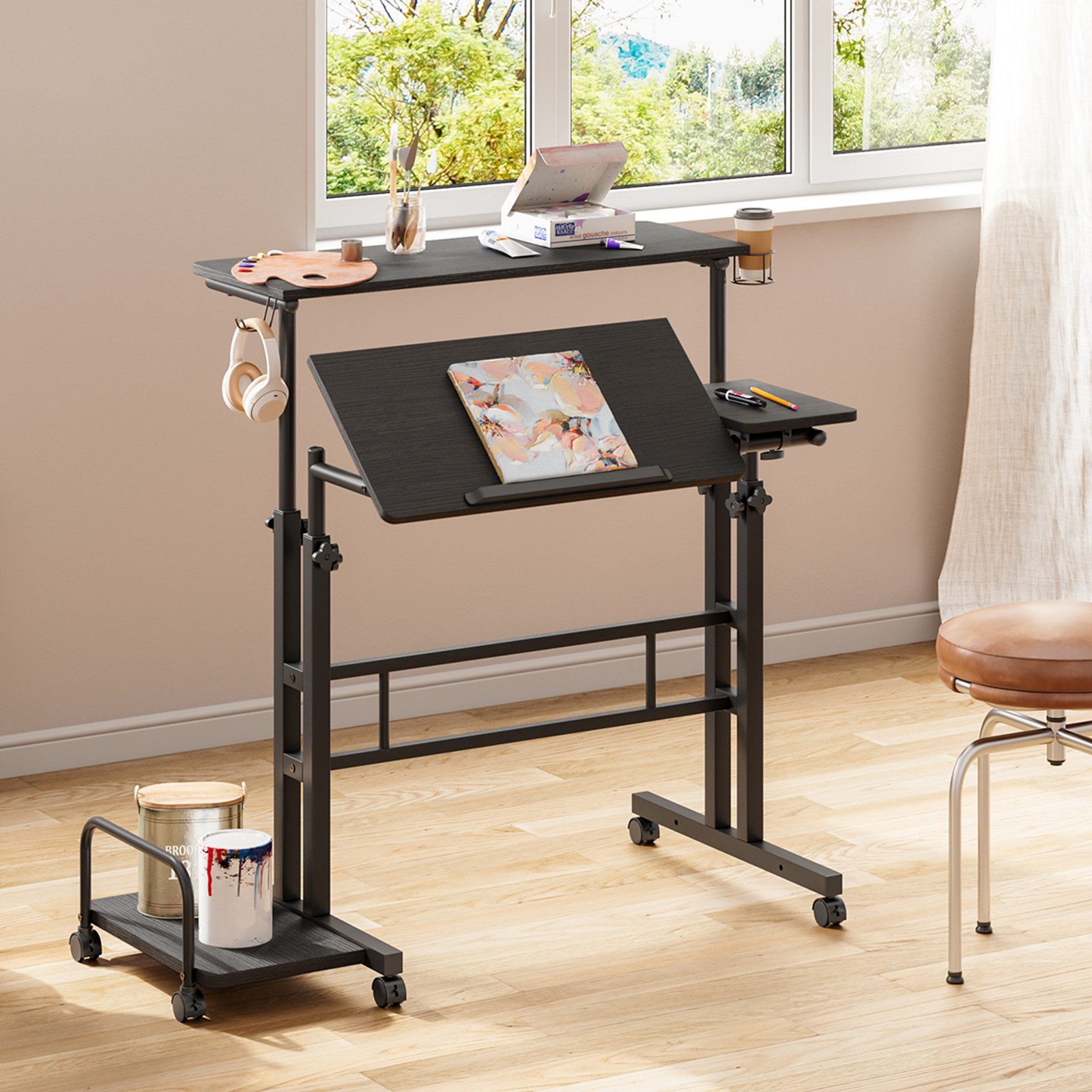 OUNUO Computertisch Höhenverstellbar Laptoptisch mit Rollen und kippbarer Tischplatte