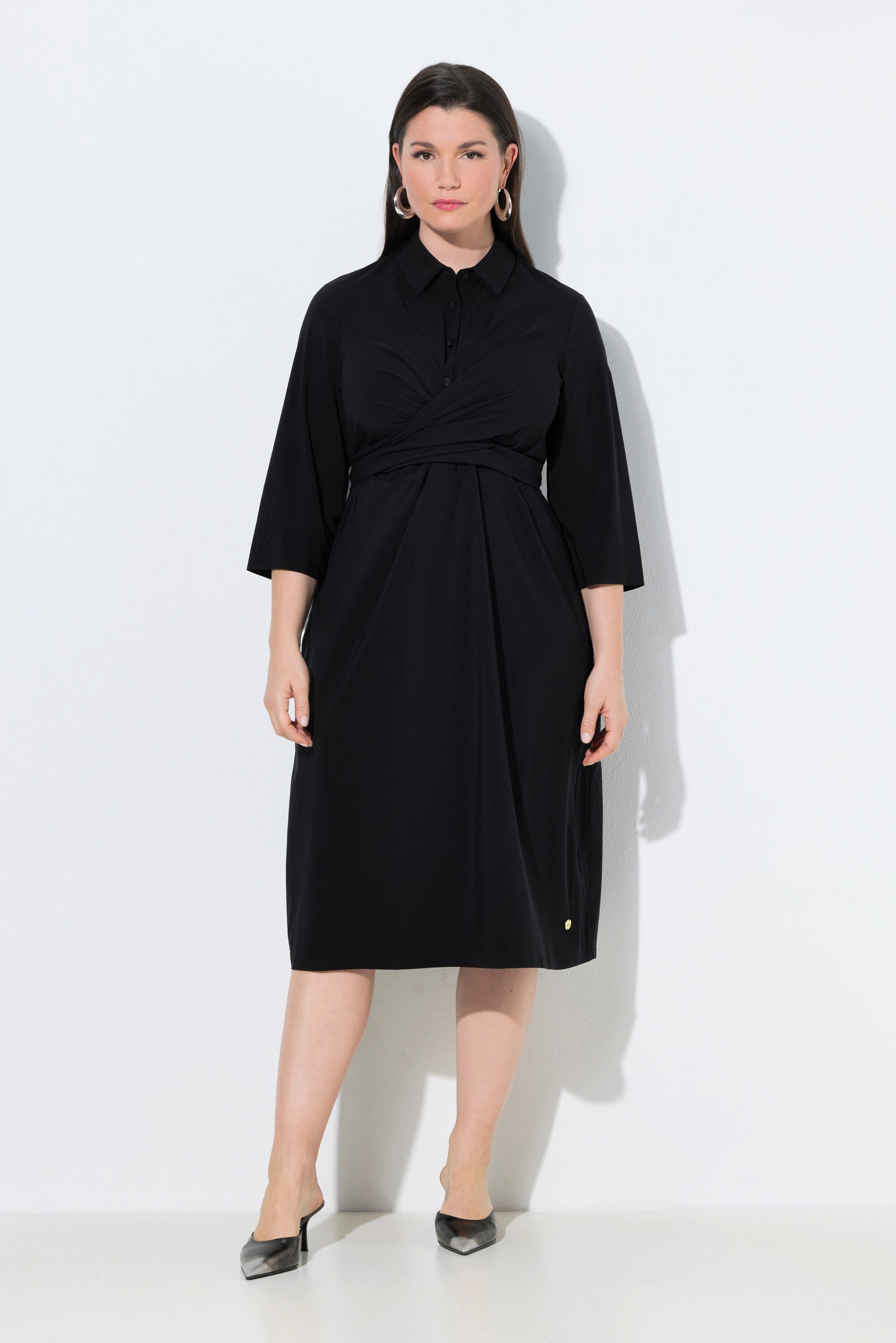 Ulla Popken Maxikleid Midikleid Wickeloptik A-Linie Hemdkragen 3/4-Arm