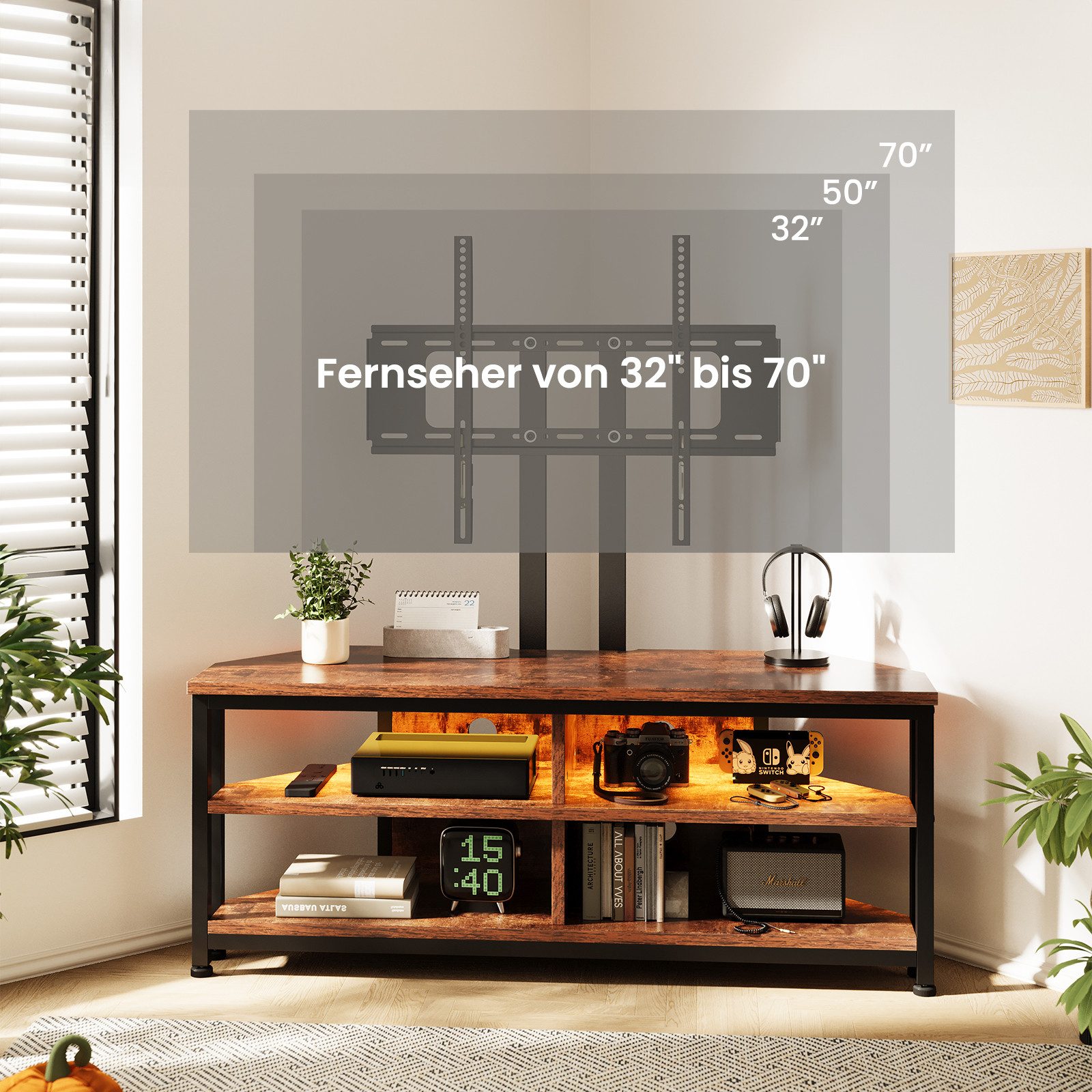 Dripex Lowboard TV Eckschrank Eckkommode Schrank mit LED Beleuchtung, 106cm mit Halterung