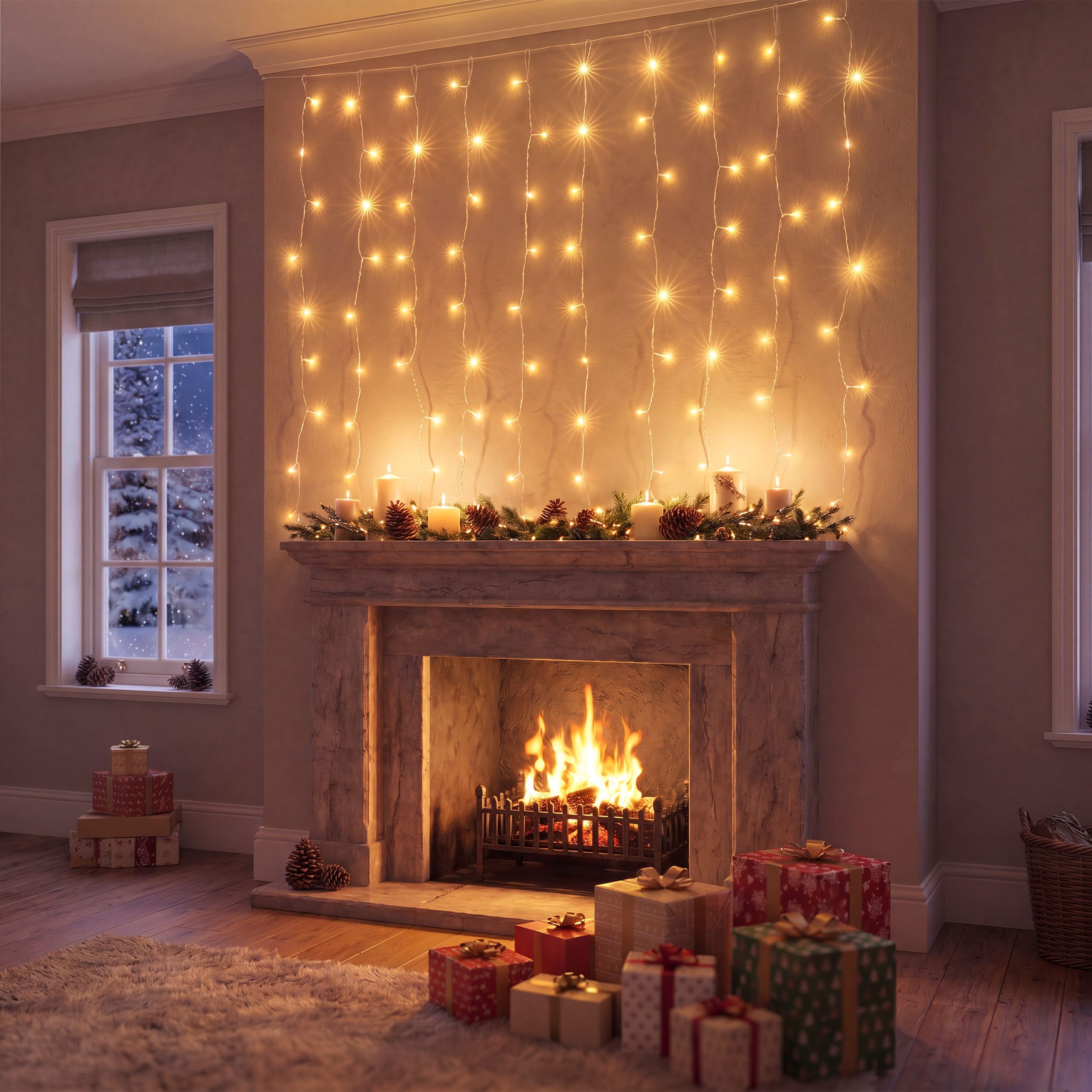 OTTO home LED-Lichtervorhang mit 100/200/400 o. 600 LEDs, warmweiß, Timer, Indoor, Outdoor, Garten, weiße Kabelfarbe, IP44, Timer, 5 m Zuleitung, innen, außen, Balkon