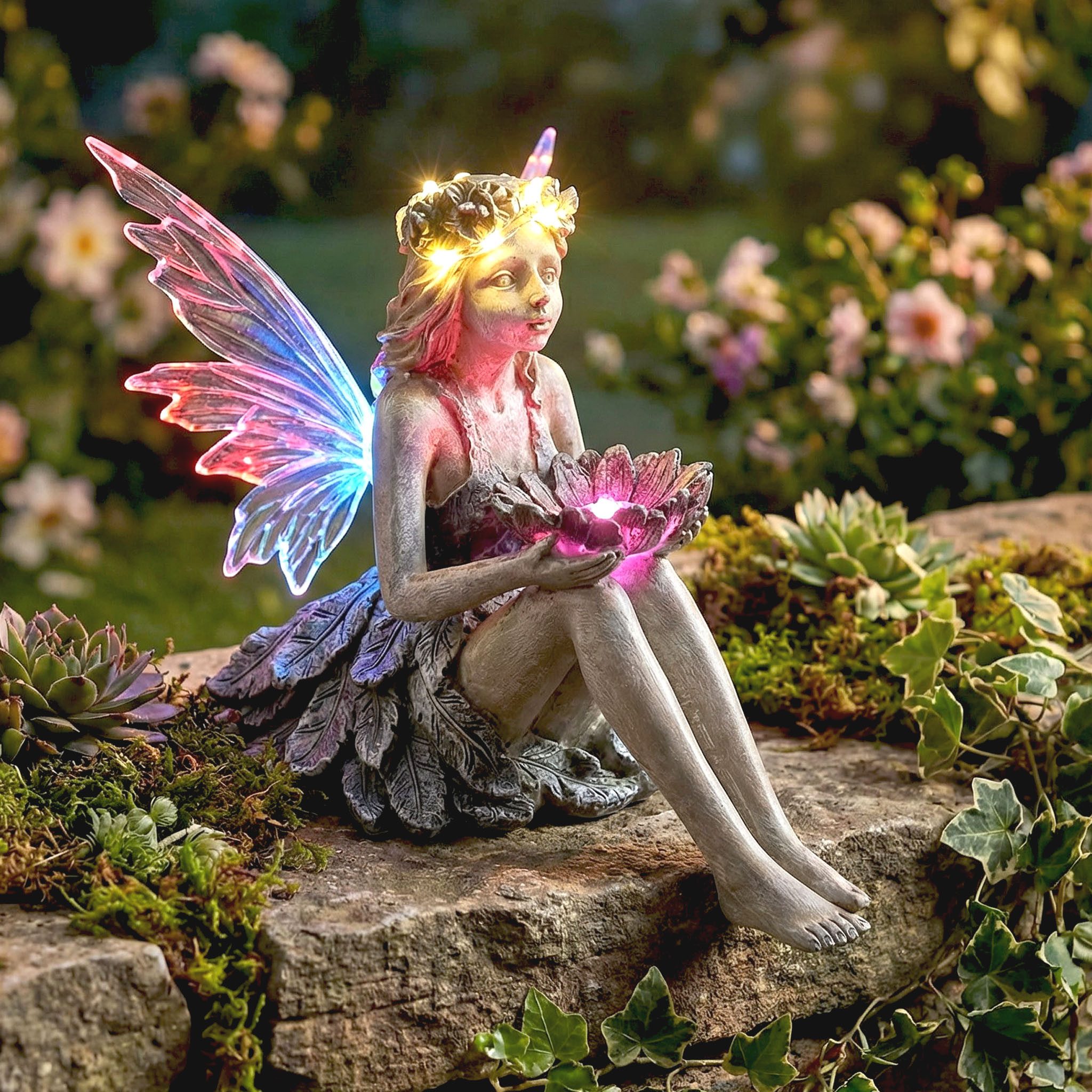 Arnusa Gartenfigur Solar Dekofigur Fee 21 cm Solar Gartendeko Farbwechsel, Solarbeleuchtung Dekoration Feengarten