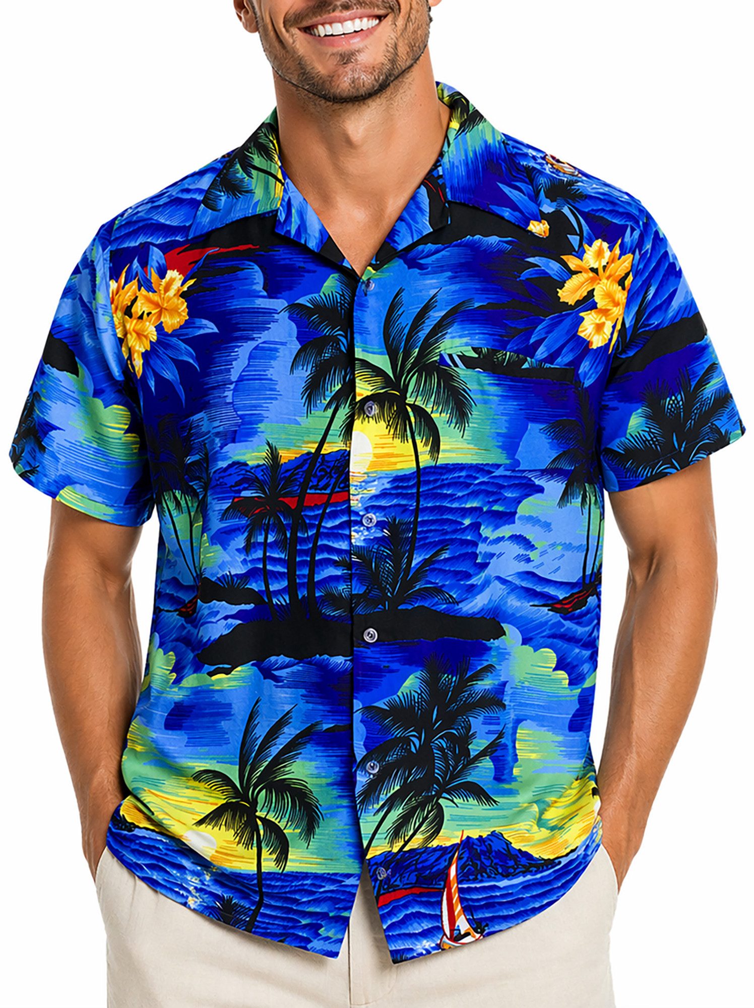 King Kameha Hawaiihemd "Surf" Funky Hawaii-Hemd Herren Kurzarm Front-Tasche Sommerhemd
