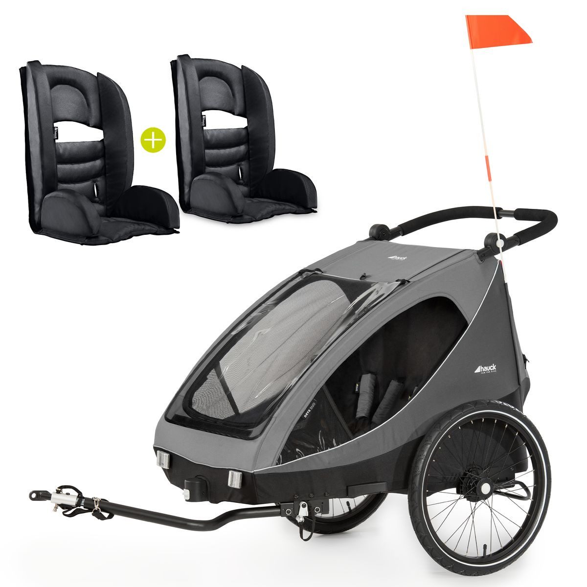 Hauck Fahrradkinderanhänger Dryk Duo Set - Grey, 2in1 Fahrradanhänger Buggy für 2 Kinder bis 44 kg inkl. 2 Sitzpolster