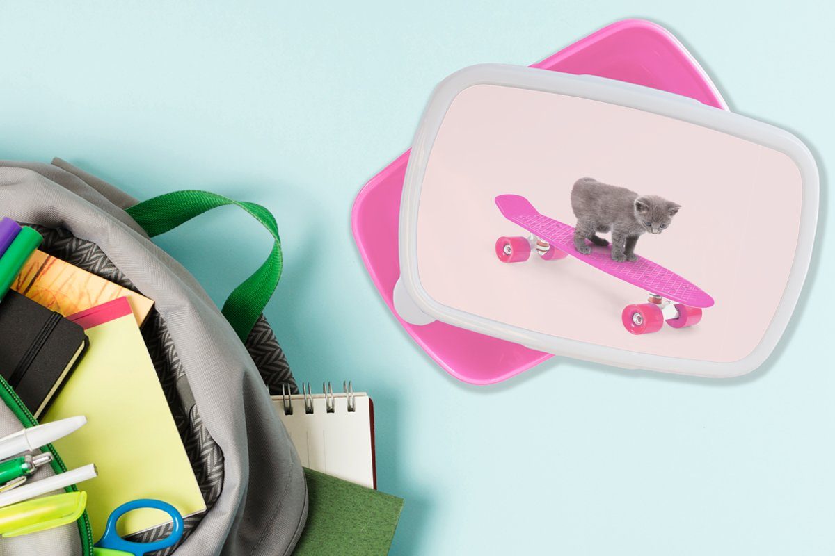 Brotdose - (2-tlg), Skateboard Kinder, für MuchoWow Mädchen, - Lunchbox Kunststoff - Brotbox Tiere - Erwachsene, Kätzchen Kunststoff, Snackbox, Rosa, Katze