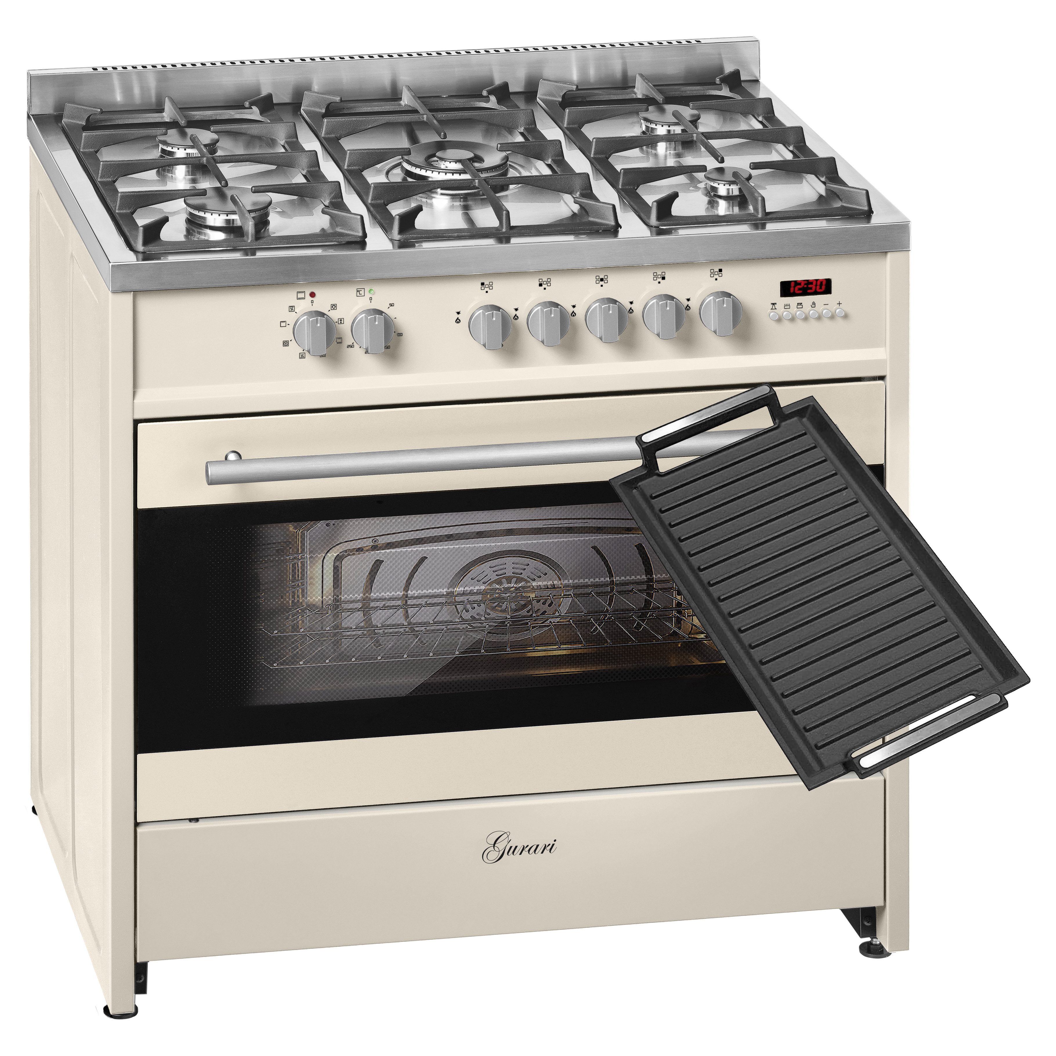 GURARI Gas-Standherd GCH E 911 Cr+Grillplatte, Gas Elektro Standherd 90 cm, XXL Backofen 121 L, 8 Funktionen