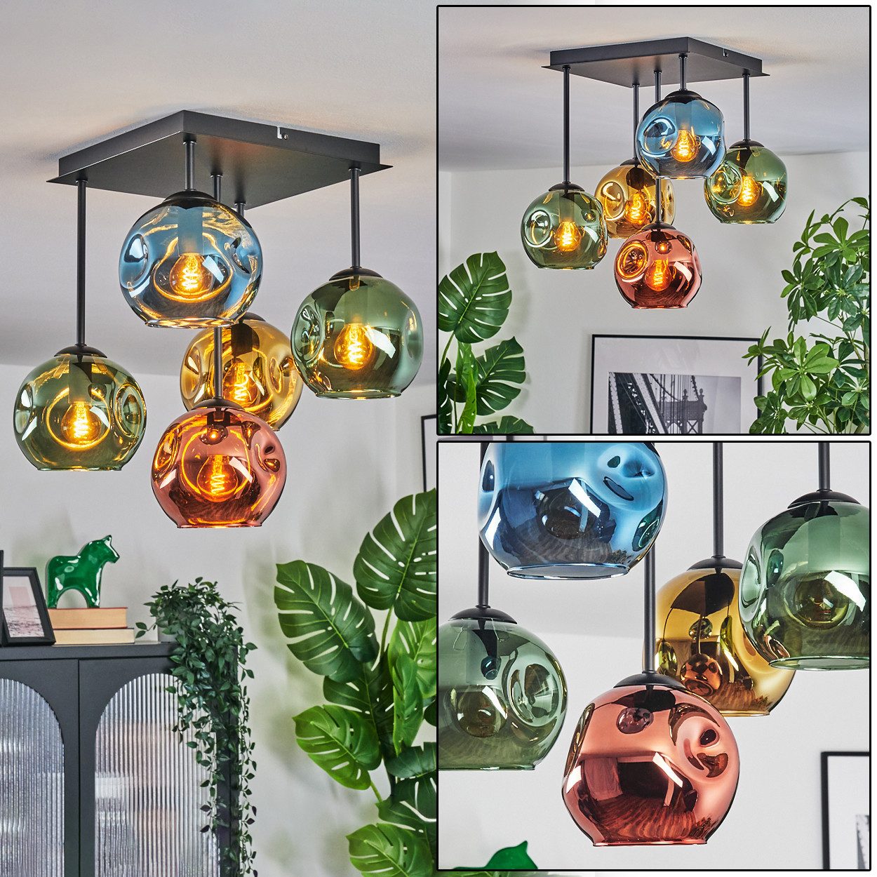 hofstein Deckenleuchte Deckenlampe aus Metall/Glas in Schwarz/Gold/Blau/Grün/Kupfer, ohne Leuchtmittel, moderne Deckenleuchte im Retro/Vintage-Design (Schirme 15 cm), 5xE14