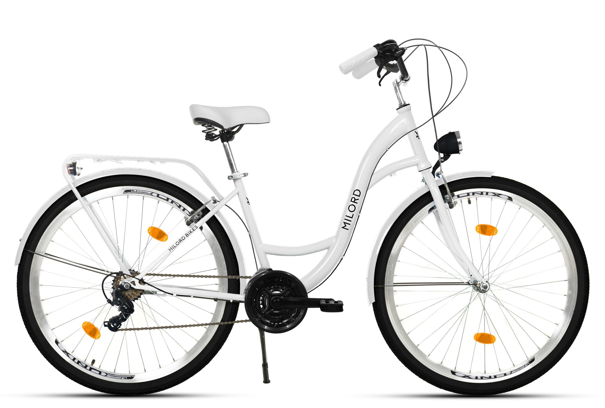 Milord Cityrad Damenfahrrad Citybike Hollandrad Fahrrad, 26/28 Zoll, Weiß, 21-Gang, 21 Gang, (Fahrradständer, Gepäckträger, Klingel, Korb, Kotflügel)