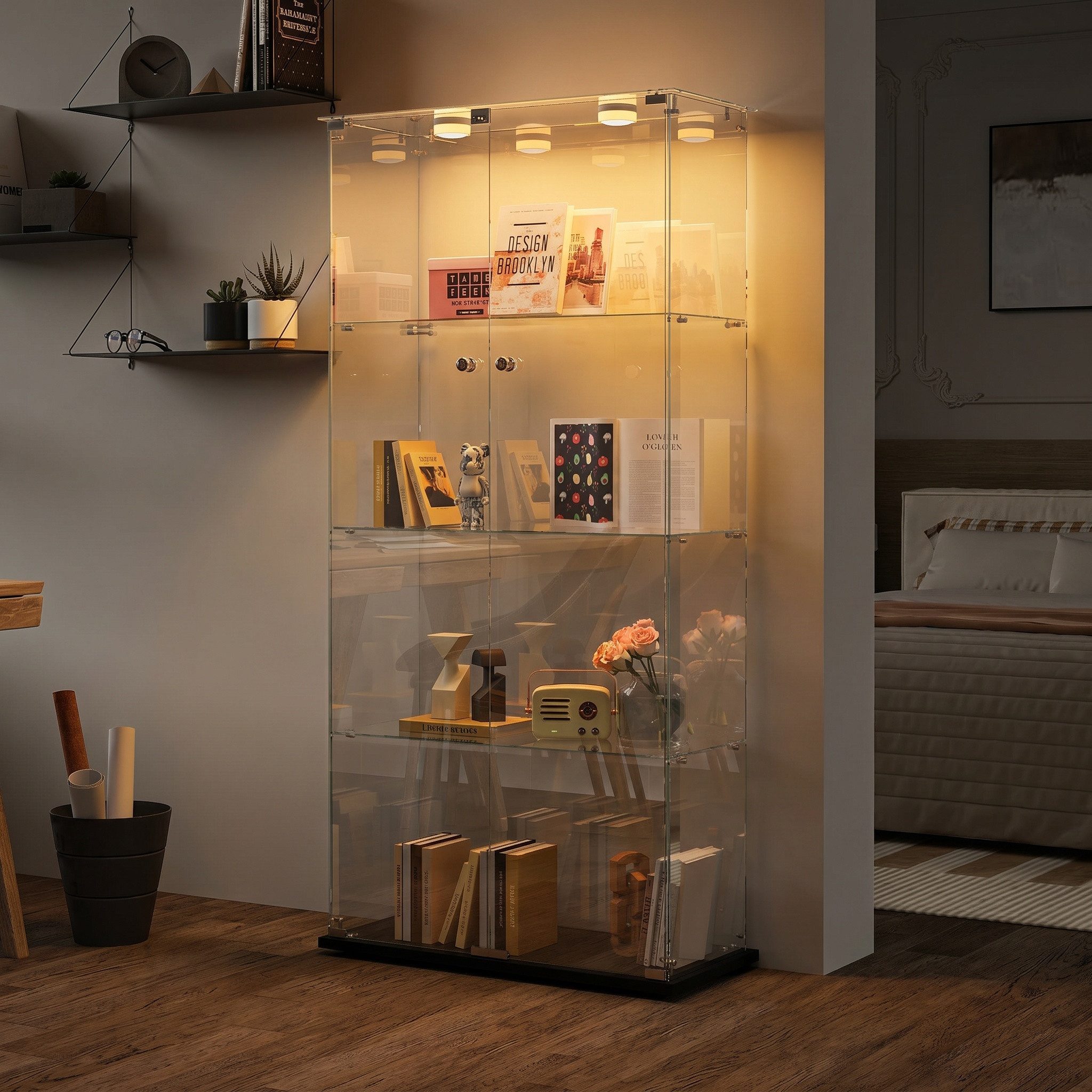 NMCXXO Glasvitrine Vitrine Eckglasanzeigeschrank Ausstellungsschrank mit LED-Beleuchtung Standvitrine/Glasvitrine,Eckglasanzeigeschrank, Große Kapazität