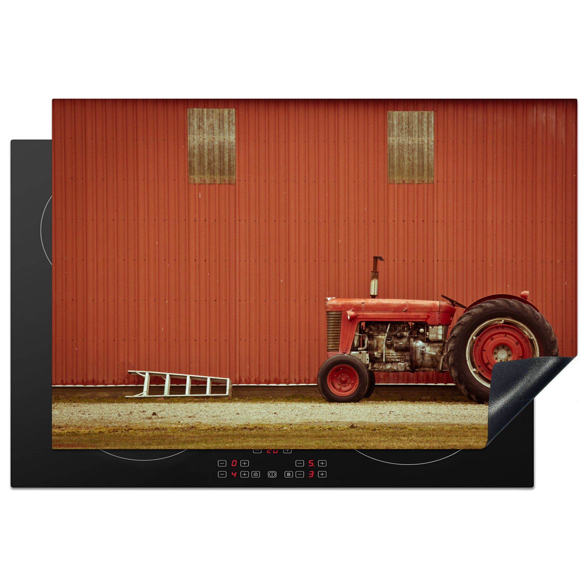 MuchoWow Herdblende-/Abdeckplatte Traktor - Scheune - Rot - Bauernhof, Vinyl, (1 tlg), 77x51 cm, Ceranfeldabdeckung, Arbeitsplatte für küche