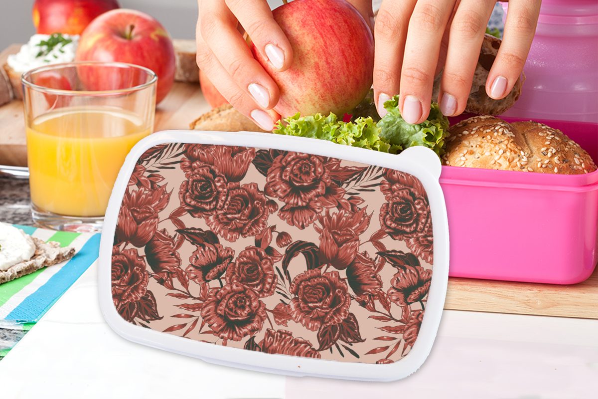 Kunststoff Brotbox Lunchbox MuchoWow Muster Mädchen, Kinder, Erwachsene, - Rose für (2-tlg), Kunststoff, - Blumen, Snackbox, rosa Brotdose